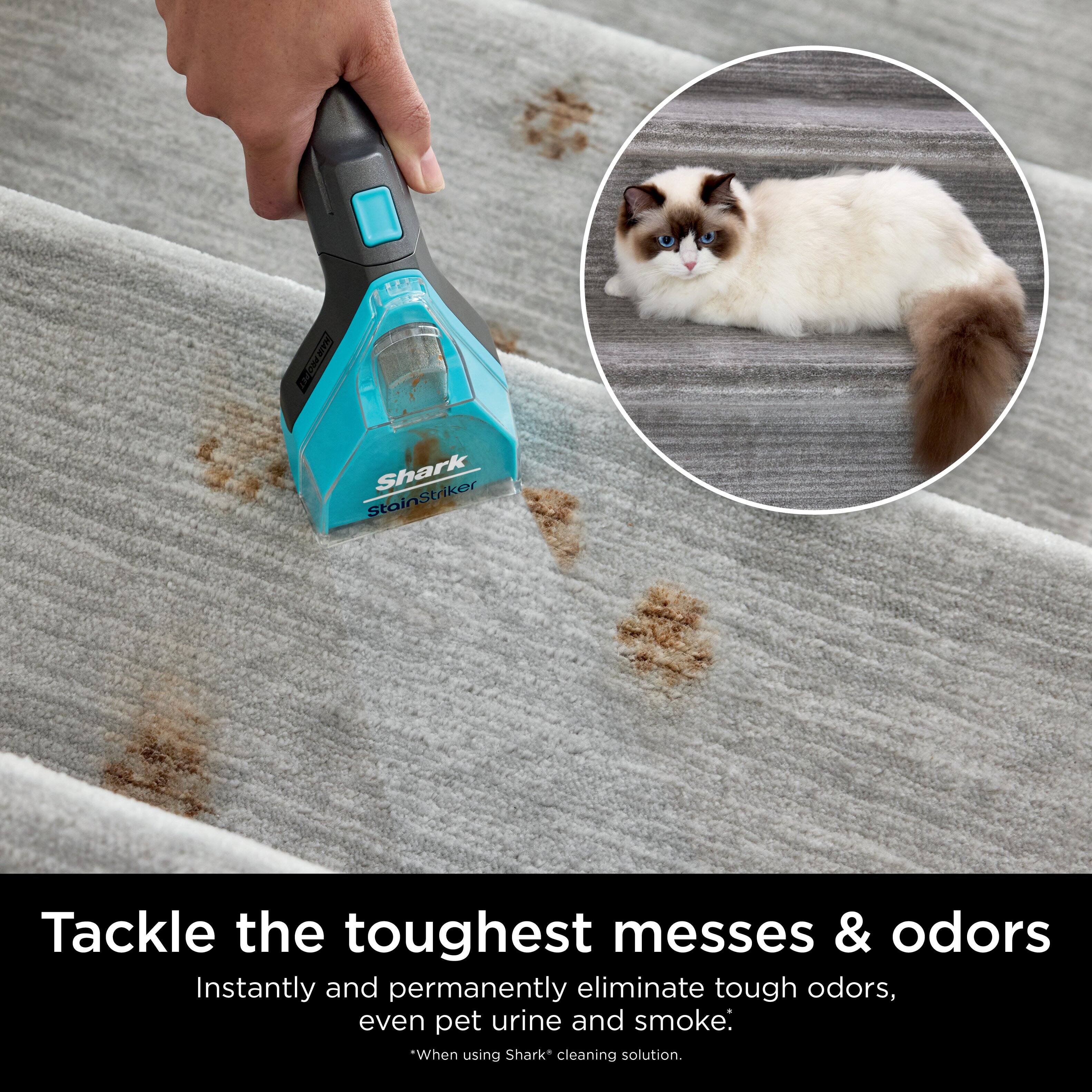 Tackle the toughest messes & odors Instantly and permanently eliminate tough odors, even pet urine and smoke: When using Shark* cleaning solution.