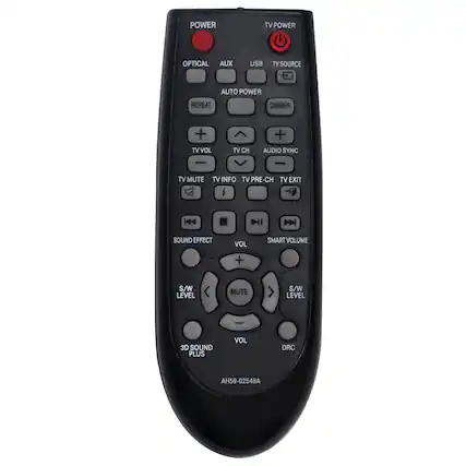 POWER TV POWER OPTICAL AUX USB TV SOURCE AUTO POWER REPEAT DIMMER + TV VOL TV CH + AUDIO SYNC - TV MUTE TV INFO TV PRE-CH TV EXIT i Dl DN SOUND EFFECT VOL SMART VOLUME + S/W LEVEL MUTE S/W LEVEL 3D SOUND PLUS VOL DRC AH59-02548A