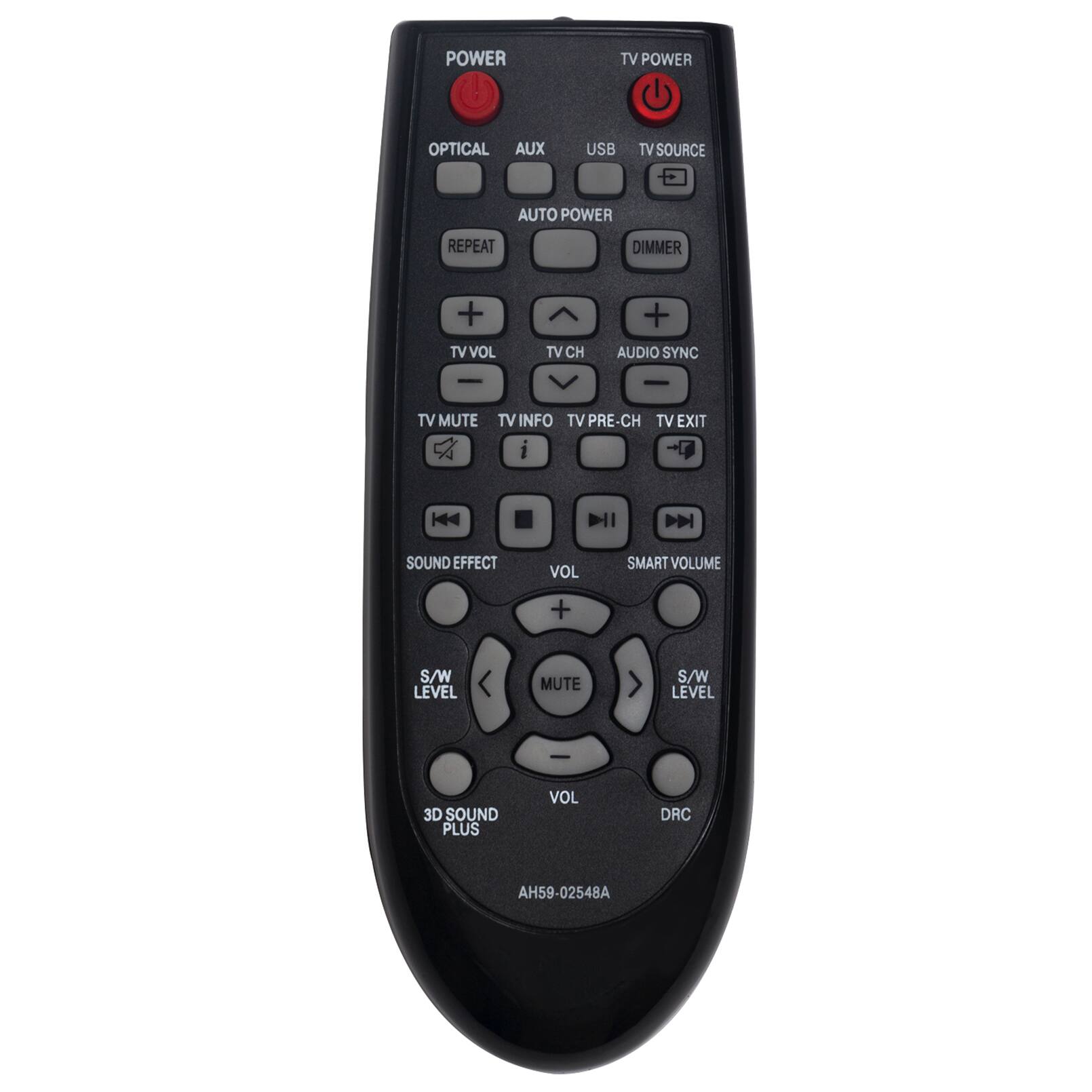 POWER TV POWER OPTICAL AUX USB TV SOURCE AUTO POWER REPEAT DIMMER + TV VOL TV CH + AUDIO SYNC - TV MUTE TV INFO TV PRE-CH TV EXIT i Dl DN SOUND EFFECT VOL SMART VOLUME + S/W LEVEL MUTE S/W LEVEL 3D SOUND PLUS VOL DRC AH59-02548A