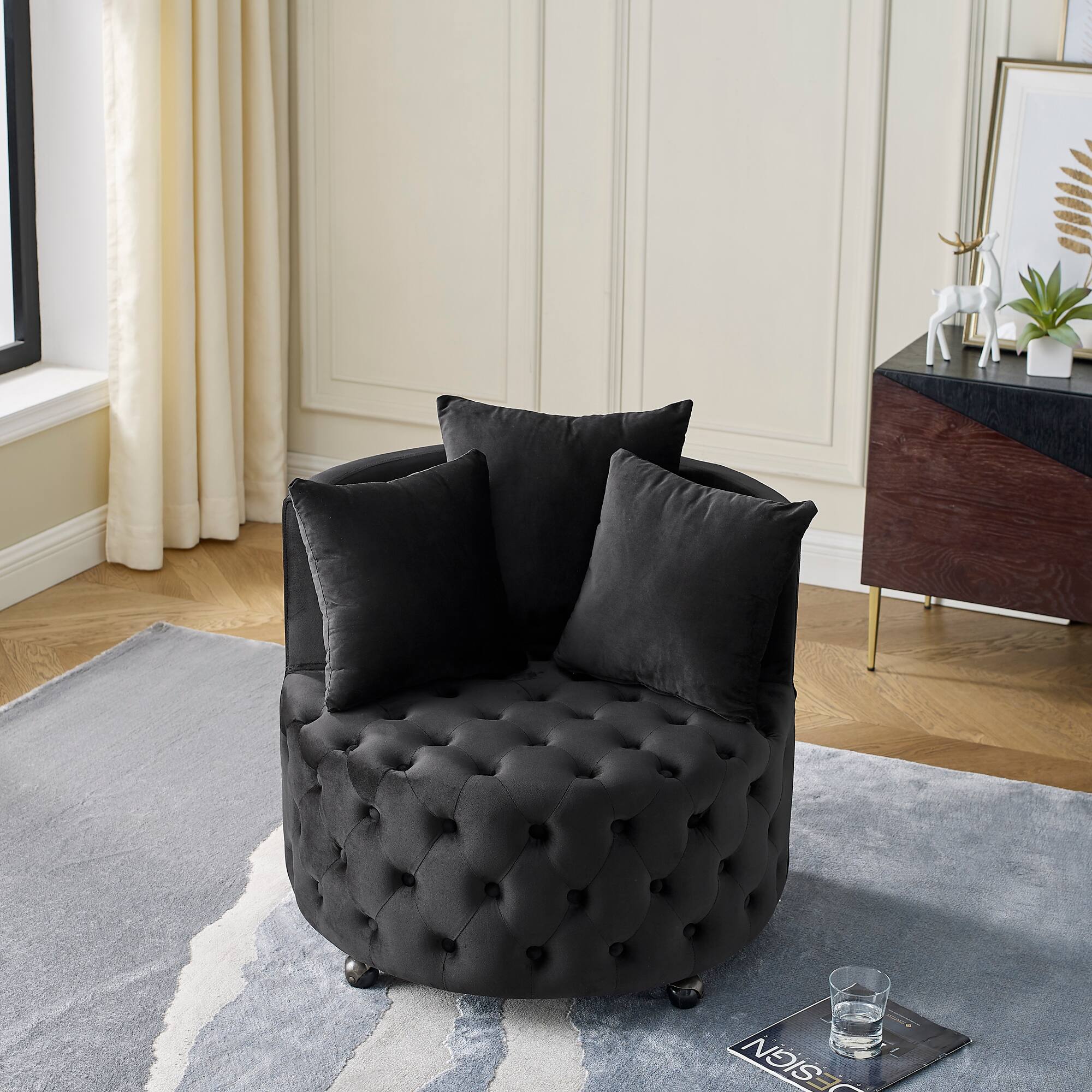 Back. GOODSILO - Luxury Upholstered Swivel Accent Chair with Tufted Back and Caster Wheels for Elegant Home Seating - Black.