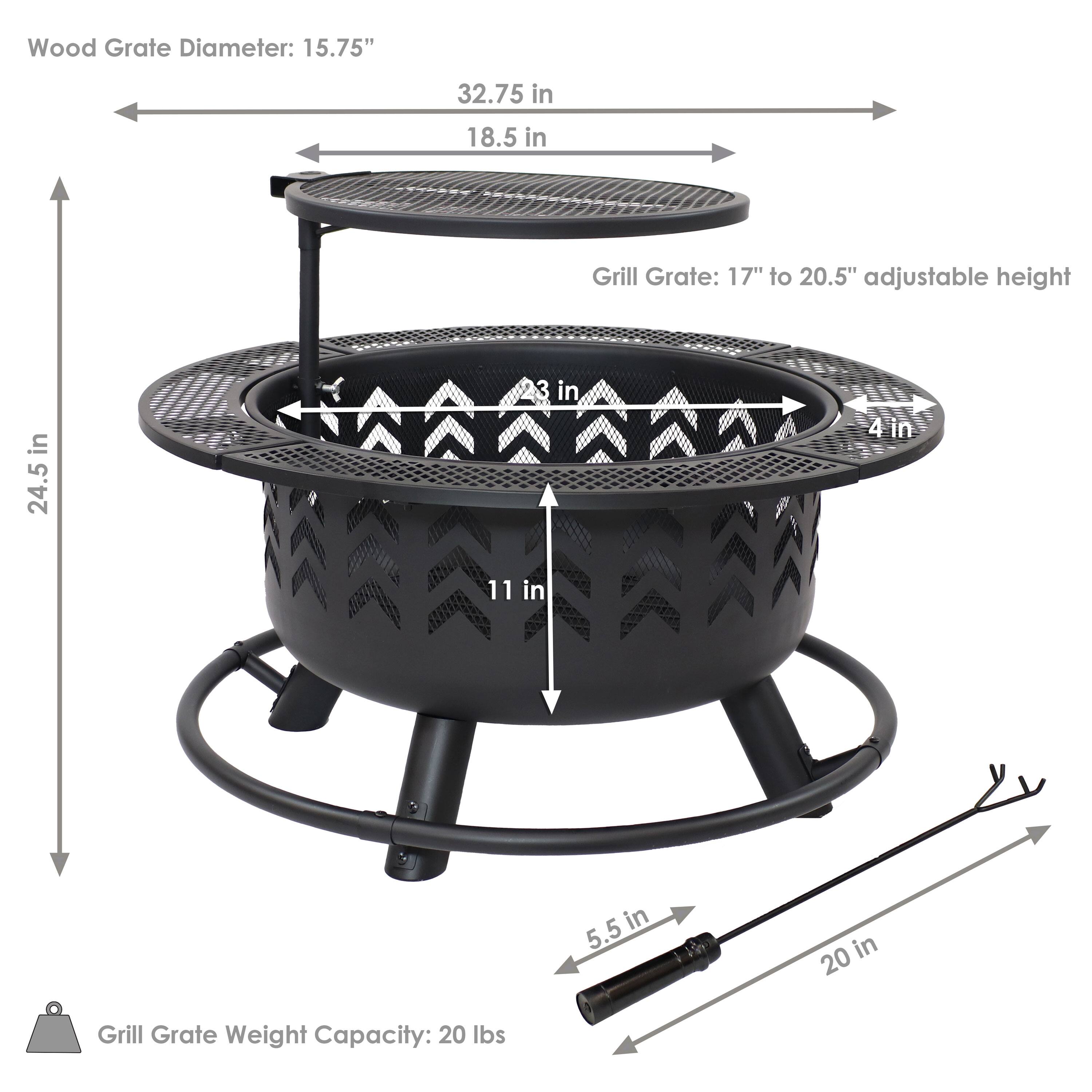 Wood Grate Diameter: 15.75"  
32.75 in  
18.5 in  

Grill Grate: 17" to 20.5" adjustable height  
24.5 in  
3 in  
4 in  
11 in  
5.5 in  

Grill Grate Weight Capacity: 20 lbs