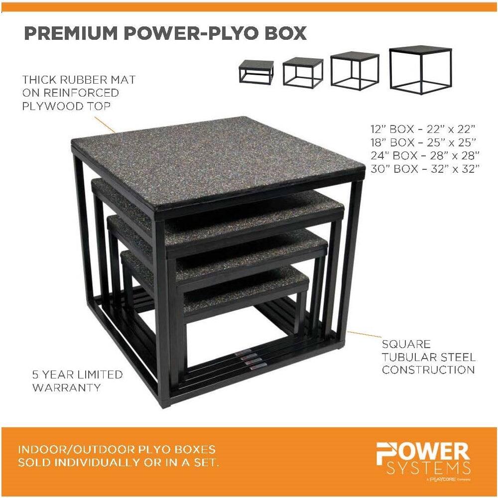 PREMIUM POWER-PLYO BOX

THICK RUBBER MAT ON REINFORCED PLYWOOD TOP

12" BOX - 22" x 22"
18" BOX - 25" x 25"
24" BOX - 28" x 28"
30" BOX - 32" x 32"

SQUARE TUBULAR STEEL CONSTRUCTION

5 YEAR LIMITED WARRANTY

INDOOR/OUTDOOR PLYO BOXES SOLD INDIVIDUALLY OR IN A SET.

POWER SYSTEMS PLAYCORE