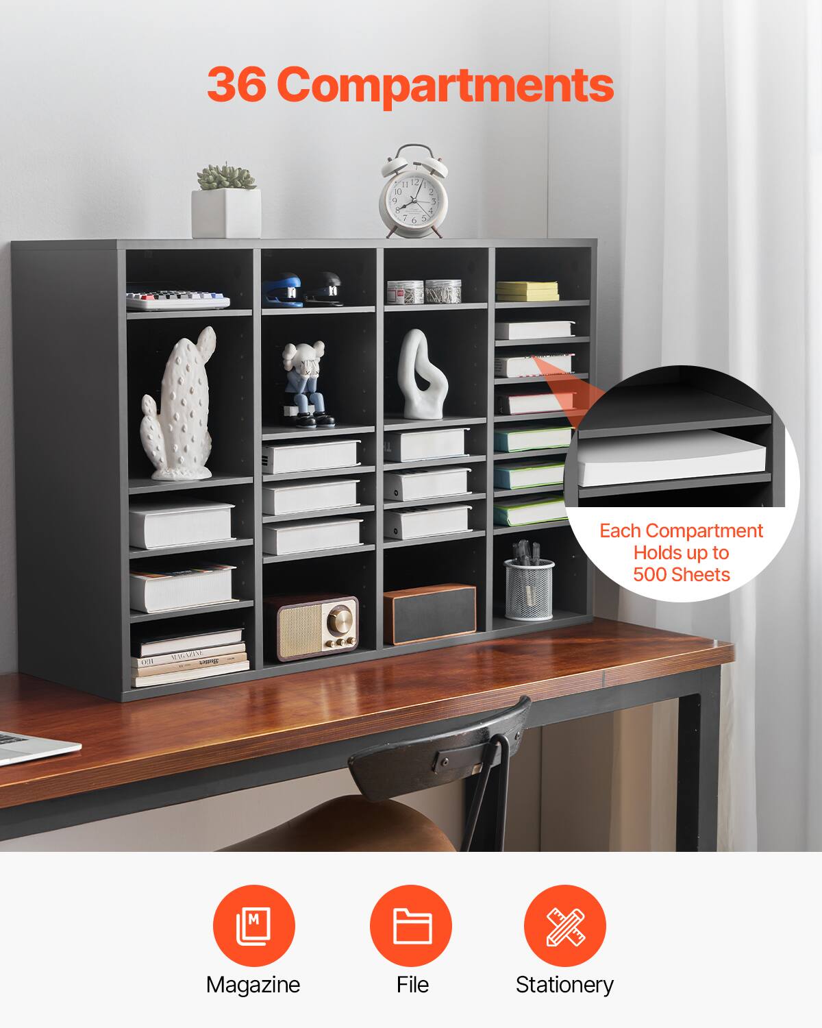 36 Compartments

Each Compartment Holds up to 500 Sheets

Magazine
File
Stationery