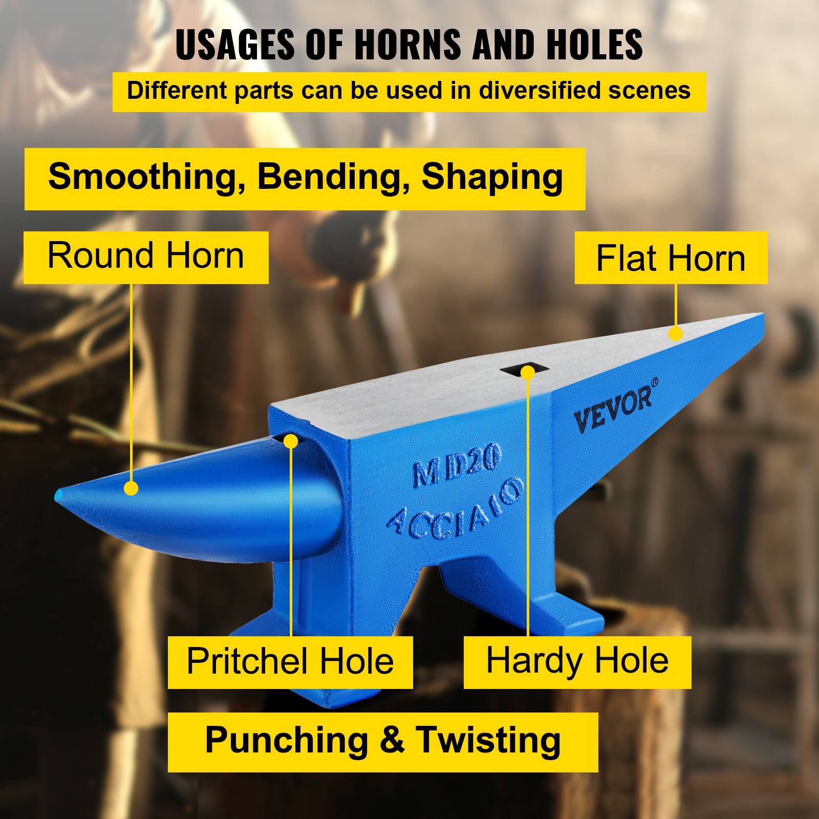 USAGES OF HORNS AND HOLES  
Different parts can be used in diversified scenes  

Smoothing, Bending, Shaping  
Round Horn  
Flat Horn  
Pritchel Hole  
Hardy Hole  
Punching & Twisting  

VEVOR MD20 ACCIAIO