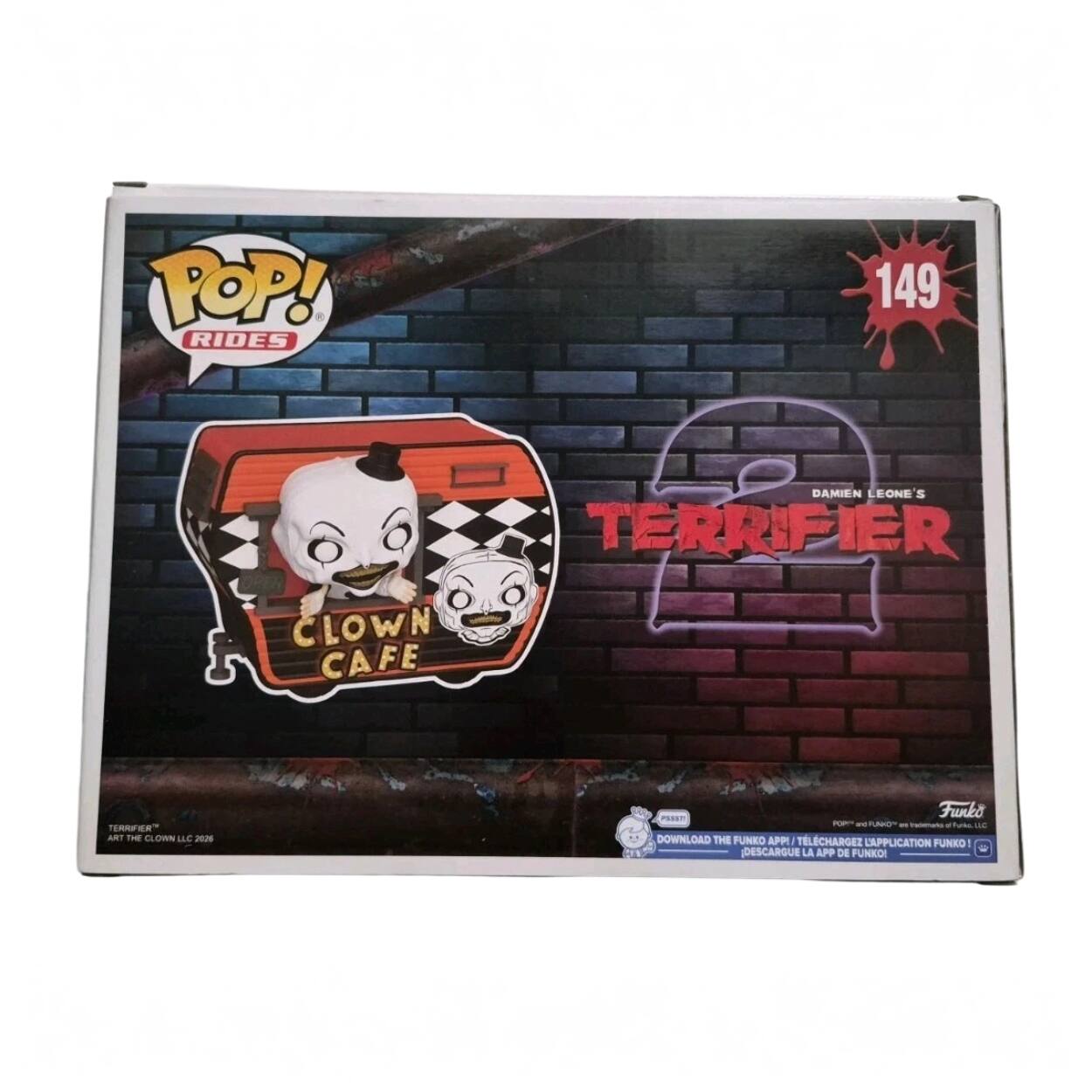 POP! RIDES  
149  
DAMIEN LEONE'S TERRIFIER CLOWN CAFE  
TERRIFIER* ART THE CLOWN LLC 2026  
Funko P53571  
POP! Rides  
DOWNLOAD THE FUNKO APP!  
TÉLÉCHARGEZ L'APPLICATION FUNKO!  
DESCARGUE LA APP DE FUNKO!