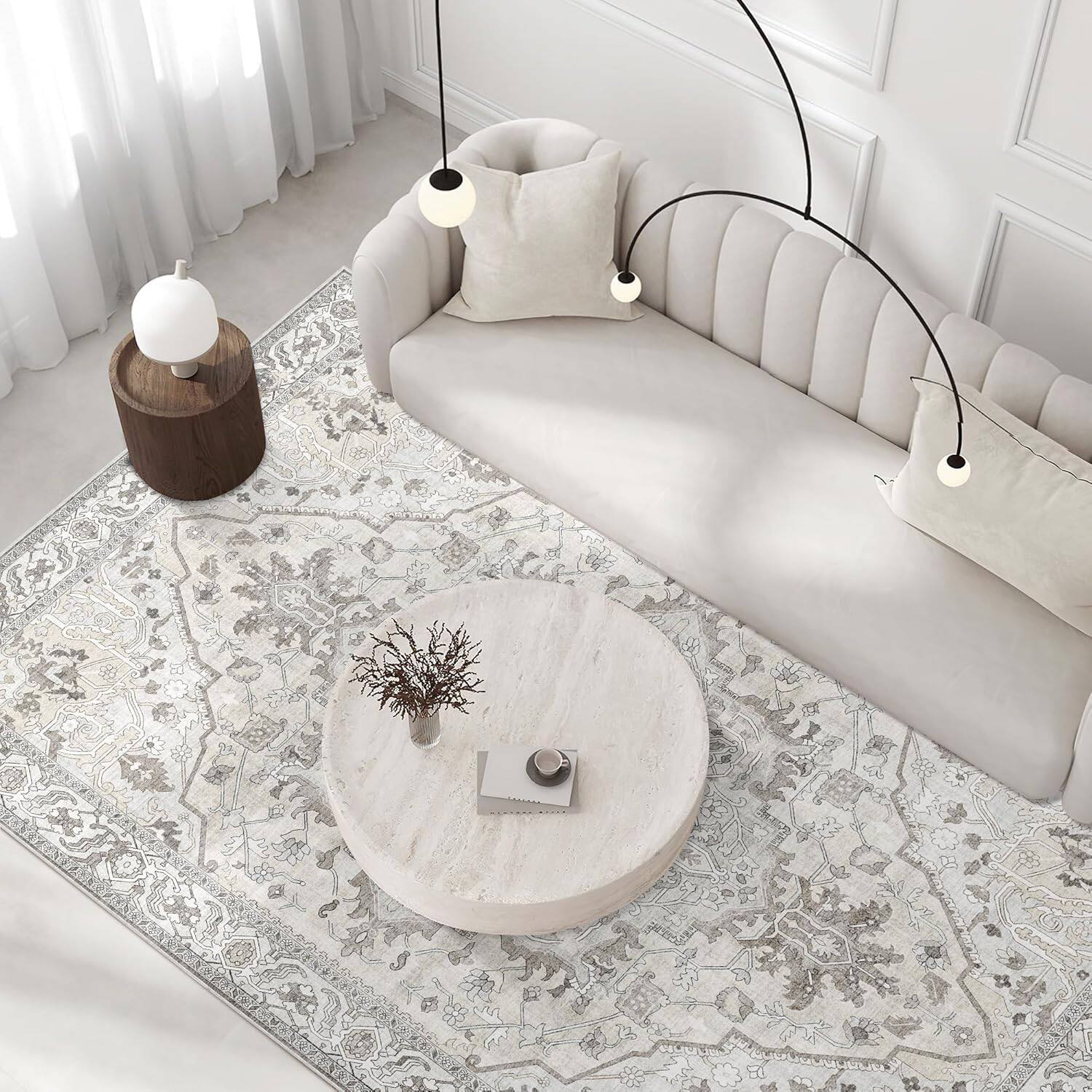 Angle. KERDOM - Boho Vintage Oriental Area Rug 5x7 ft Machine Washable Large Living Room Bedroom Dining Room Rugs Non Slip Back Low Pile - Beige.