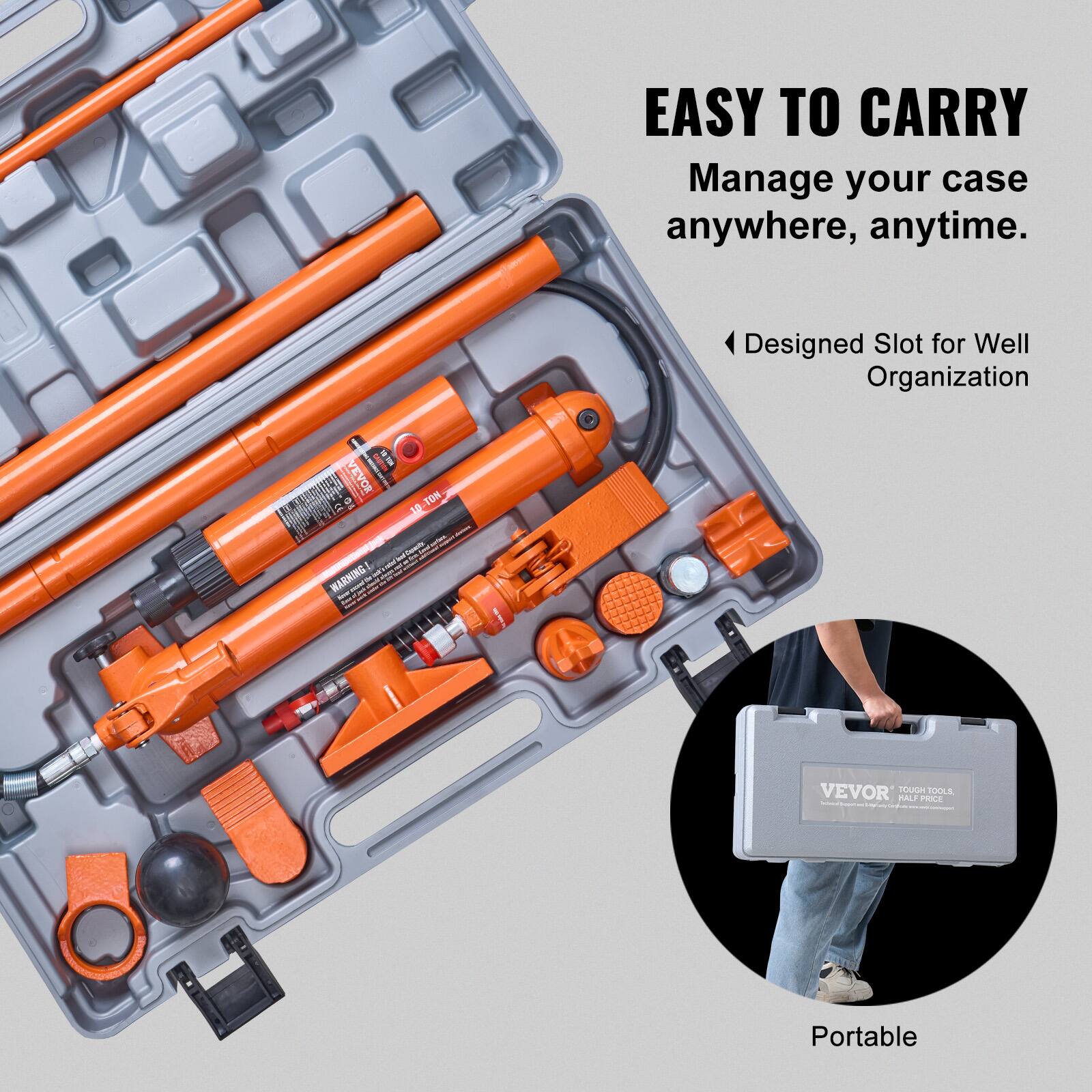 EASY TO CARRY  
Manage your case anywhere, anytime.  
Designed Slot for Well Organization  

VEVOR 20 + 10-TON  

WARNING  

VEVOR TOUGH TOOLS  

Portable