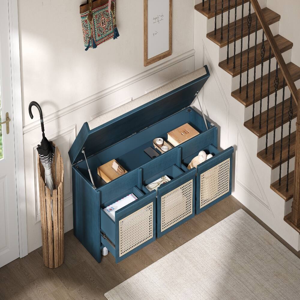 Alt View 3. Ropilly - Ropilly 48 Inch Entryway Shoe Bench with Rattan Drawers, Tufted Cushion and Hidden Storage, Antique Navy - Antique Navy.