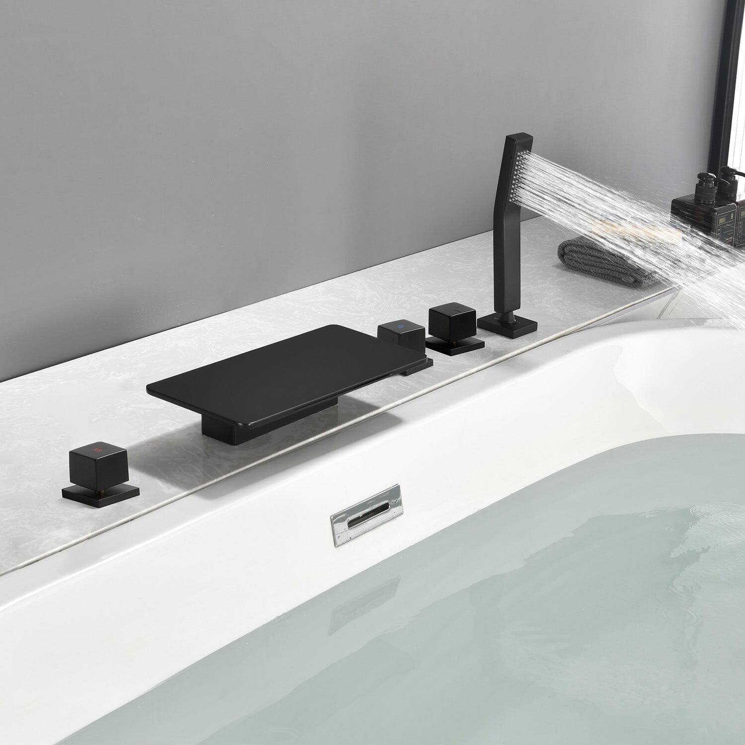 Alt View 3. Boyel Living - Black Bathtub Faucet with Waterfall Spout and Handheld Shower Five Hole Installation Hot Cold Control - Matte Black.
