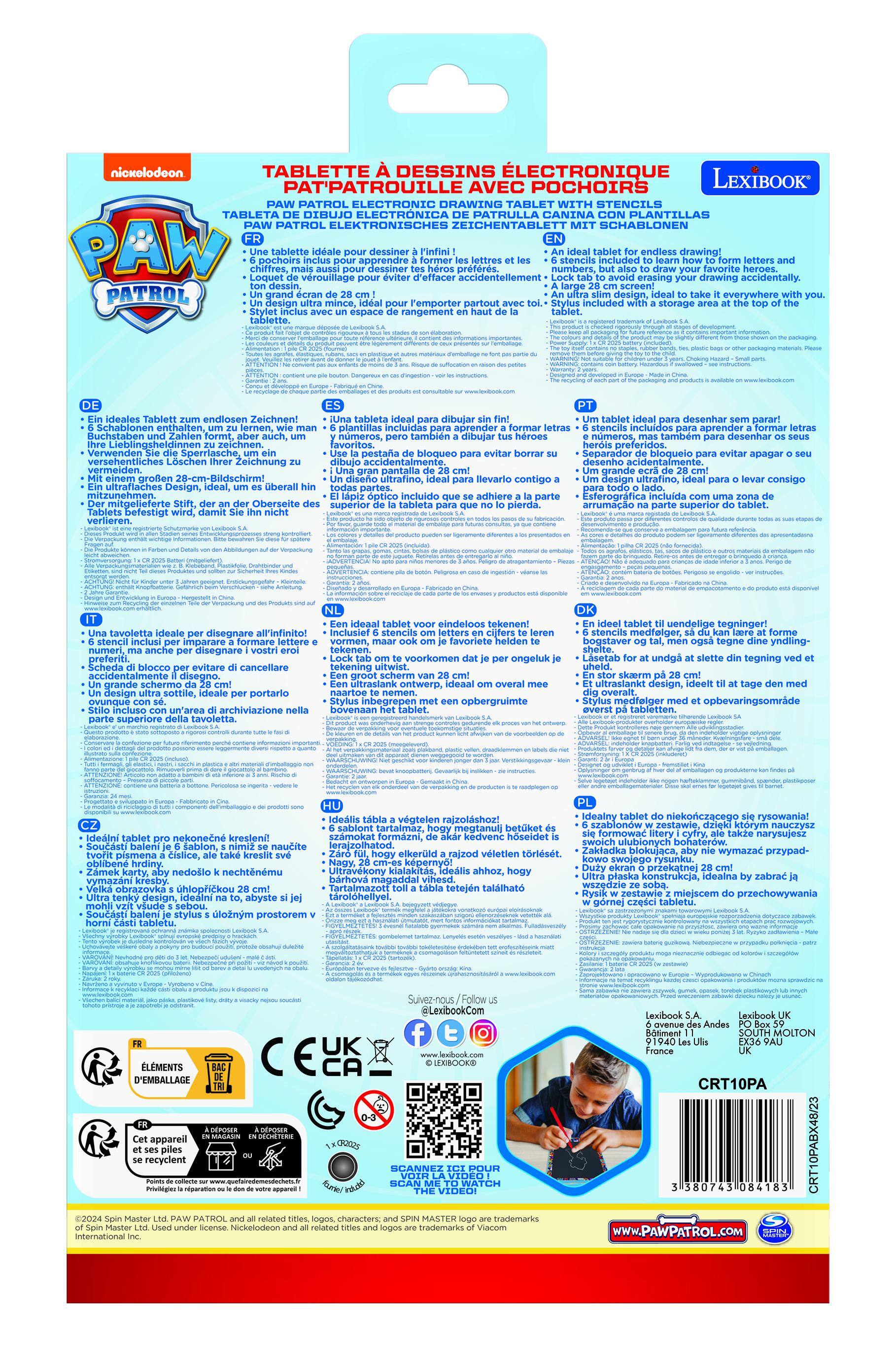 nickelodeon TABLETTE DESSINS LECTRONIQUE LEXIBOOK PAT'PATROUILLE AVEC PATROL ELECTRONIC DRAWING TABLET WITH STENCILS TABLETA DIBUJO ELECTRONICA PATRULLA CANINA PLANTILLAS PATROL ELEKTRONISCHES ZEICHENTABLETT SCHABLONEN PATROL dessiner endless drawing! pochoirs apprendre stencils included prfrs, numbers, favorite heroes. Loquet verouillage accidentellement erasing drawing accidentally. dessin design, everywhere design mince, remporter partout storage espace rangement tablette. ideales Tablett endiosen Zeichnen! Schabloner Buchstaben Sperriasche versehentliches vermeiden. einem groen Design, berall Oberseite verlieren. tableta dibujar plantillas incluidas tambien dibujar hroes pestaa bloqueo dibujo accidentalmente. pantalia diseo ultrafino, llevarlo contigo optico incluido superior desenhar stencils incluidos nmeros tambm desenhar Separador apagar grande design ultrafino, consigo Es
