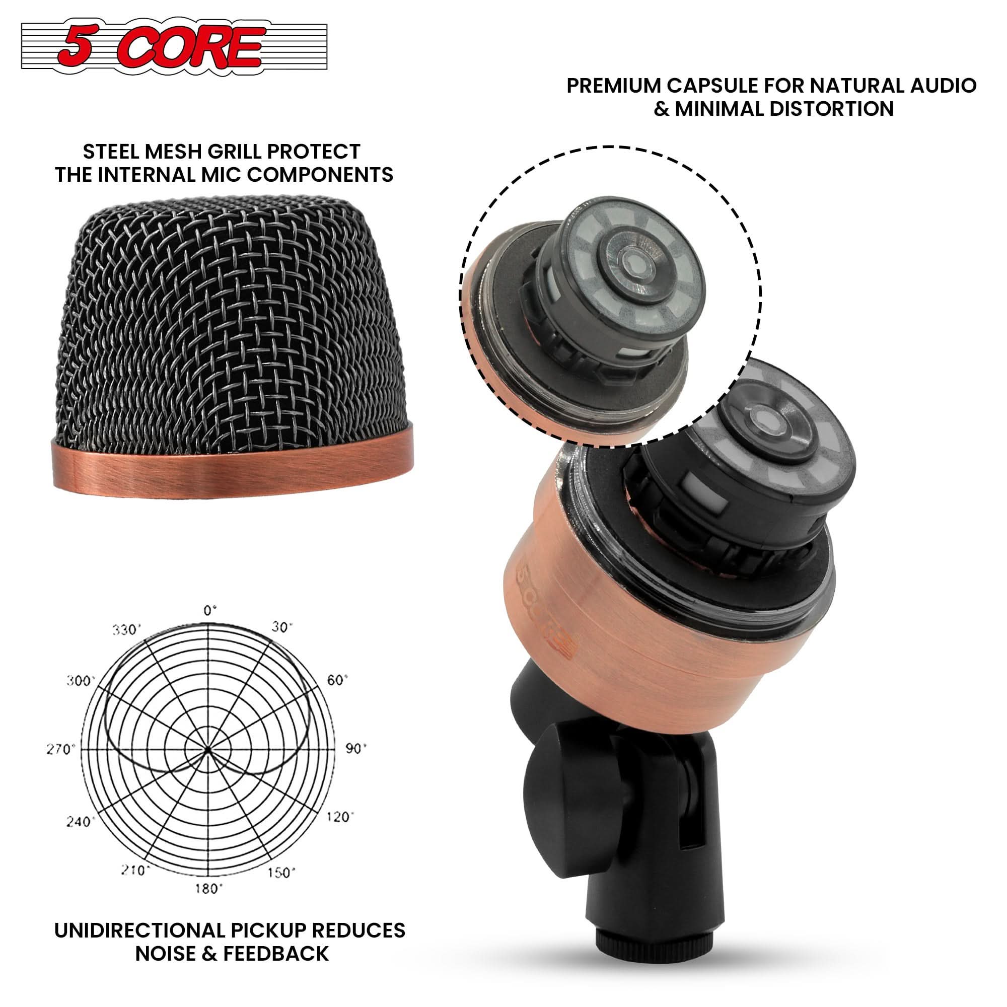 5 CORE

STEEL MESH GRILL PROTECT THE INTERNAL MIC COMPONENTS

PREMIUM CAPSULE FOR NATURAL AUDIO & MINIMAL DISTORTION

UNIDIRECTIONAL PICKUP REDUCES NOISE & FEEDBACK