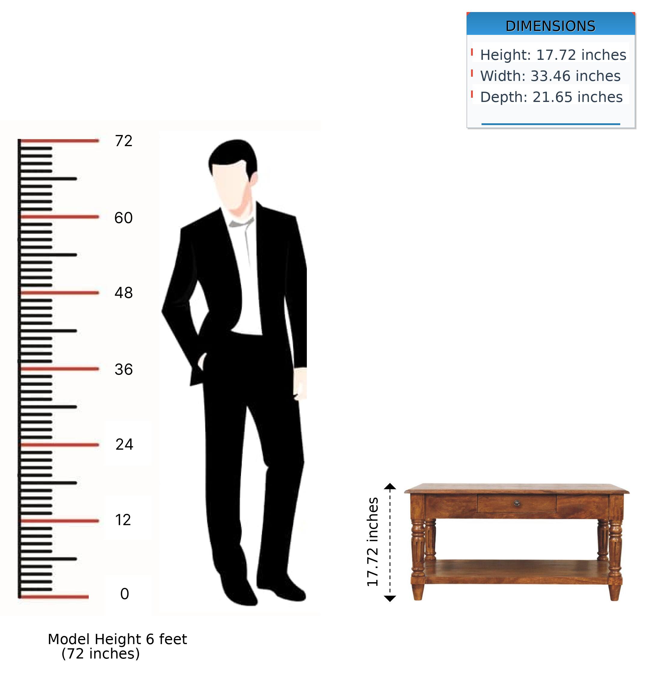 DIMENSIONS  
Height: 17.72 inches  
Width: 33.46 inches  
Depth: 21.65 inches  

72  
60  
48  
36  
24  
12  
0 inches  

Model Height 6 feet (72 inches)