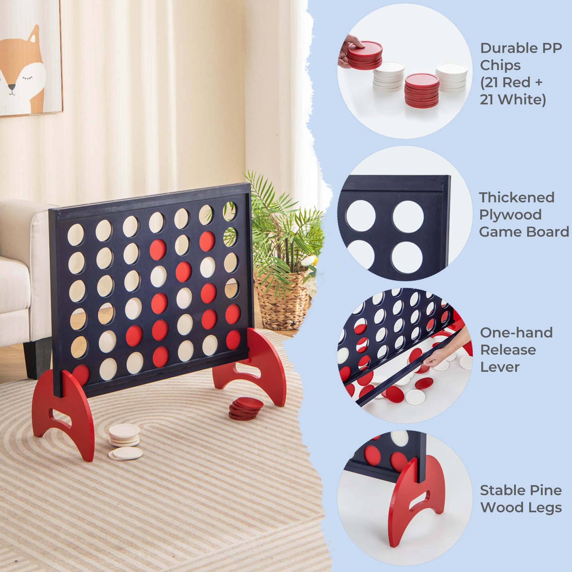 Durable PP Chips (21 Red + 21 White), Thickened Plywood Game Board, One-hand Release Lever, Stable Pine Wood Legs