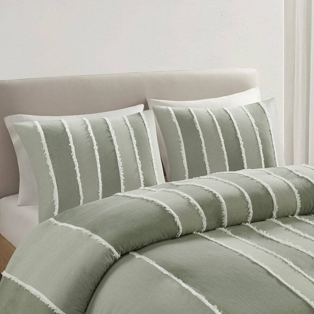 Alt View 1. Gracie Mills - Gracie Mills Ara 3 Piece Striped Cotton Duvet Cover Set - Sage.
