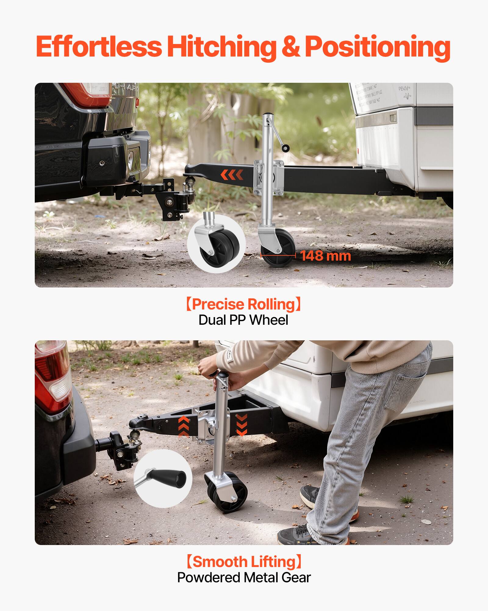 Effortless Hitching & Positioning

PENIV
148 mm

[Precise Rolling] Dual PP Wheel

[Smooth Lifting] Powdered Metal Gear