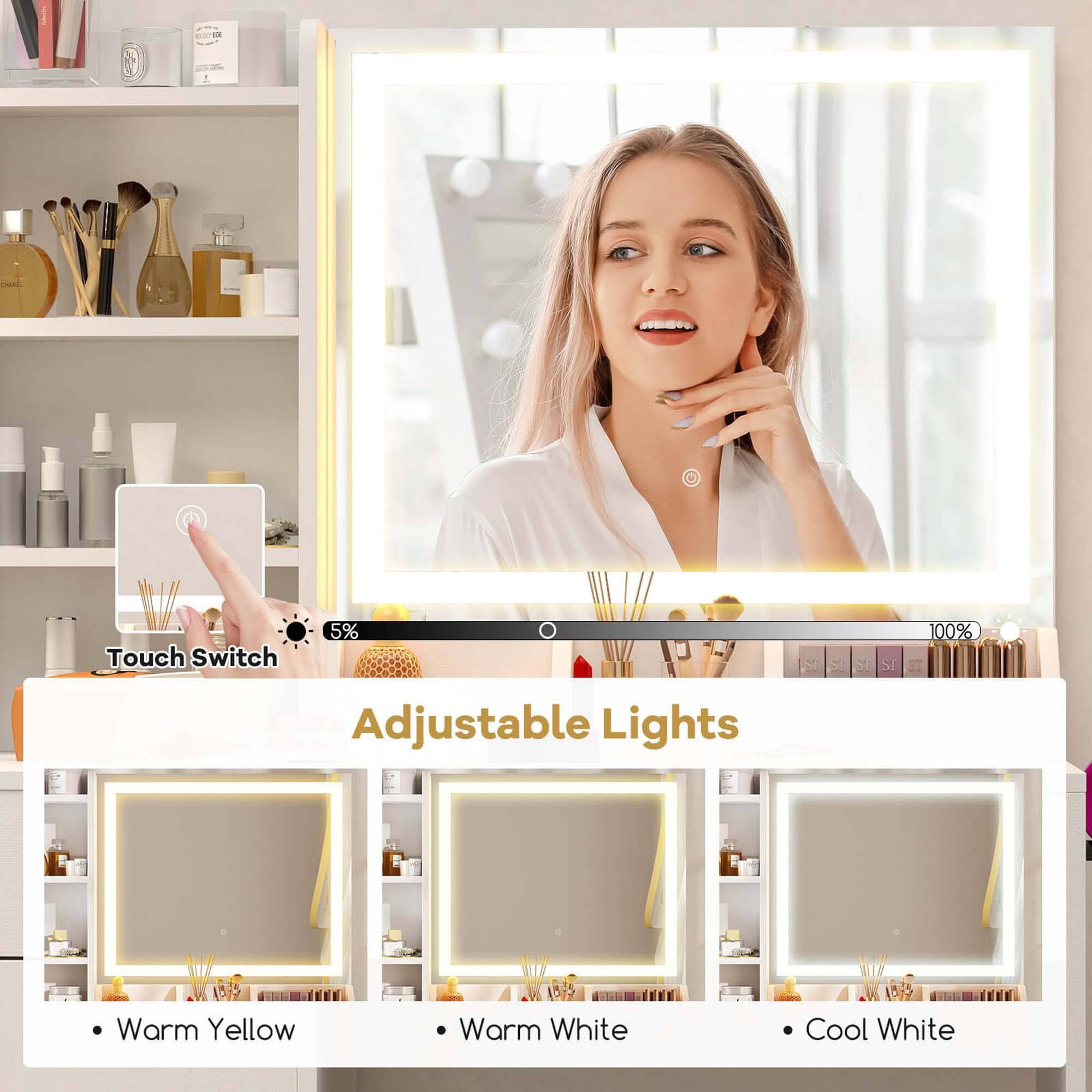 The text on the image is grouped and corrected as follows:

* Adjustable Lights: 152
* Warm Yellow: 100%
* Warm White: 100%
* Cool White: 100%