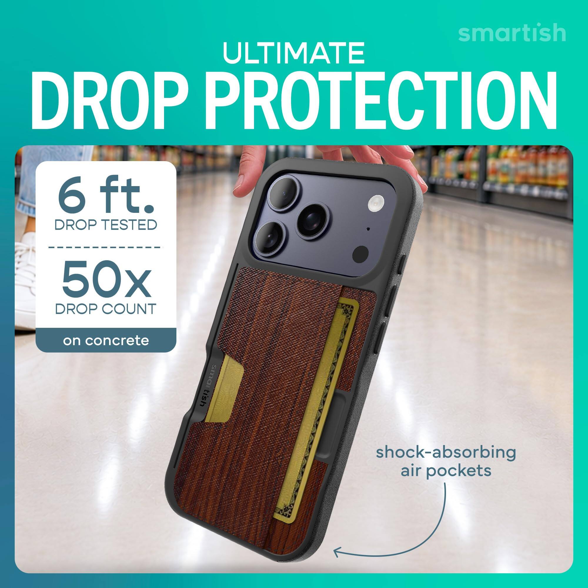smartish ULTIMATE DROP PROTECTION  
6 ft. DROP TESTED  
50x DROP COUNT  
on concrete  
smartish  
shock-absorbing air pockets