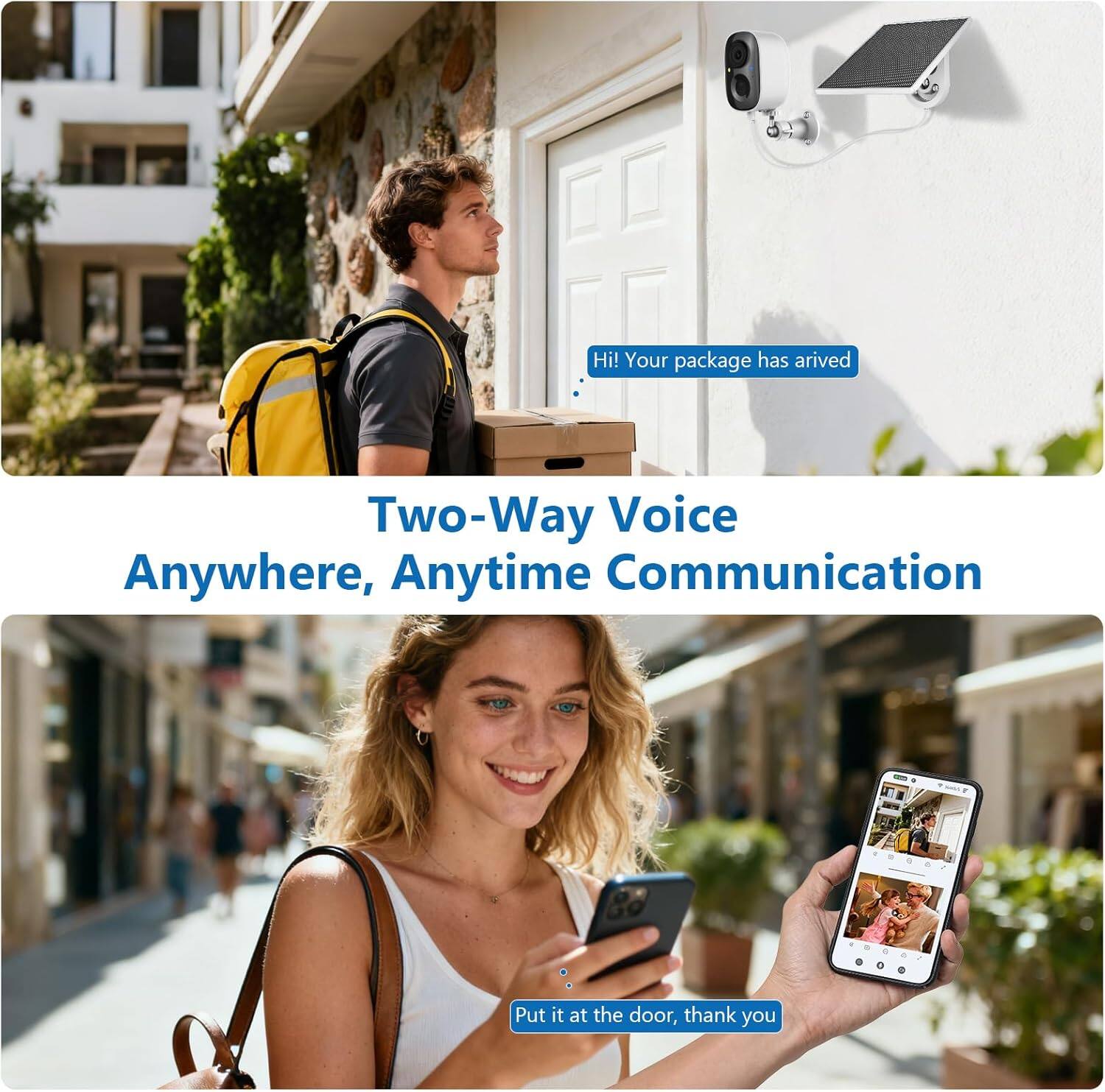 Hi! Your package has arrived

Two-Way Voice
Anywhere, Anytime Communication

Put it at the door, thank you
