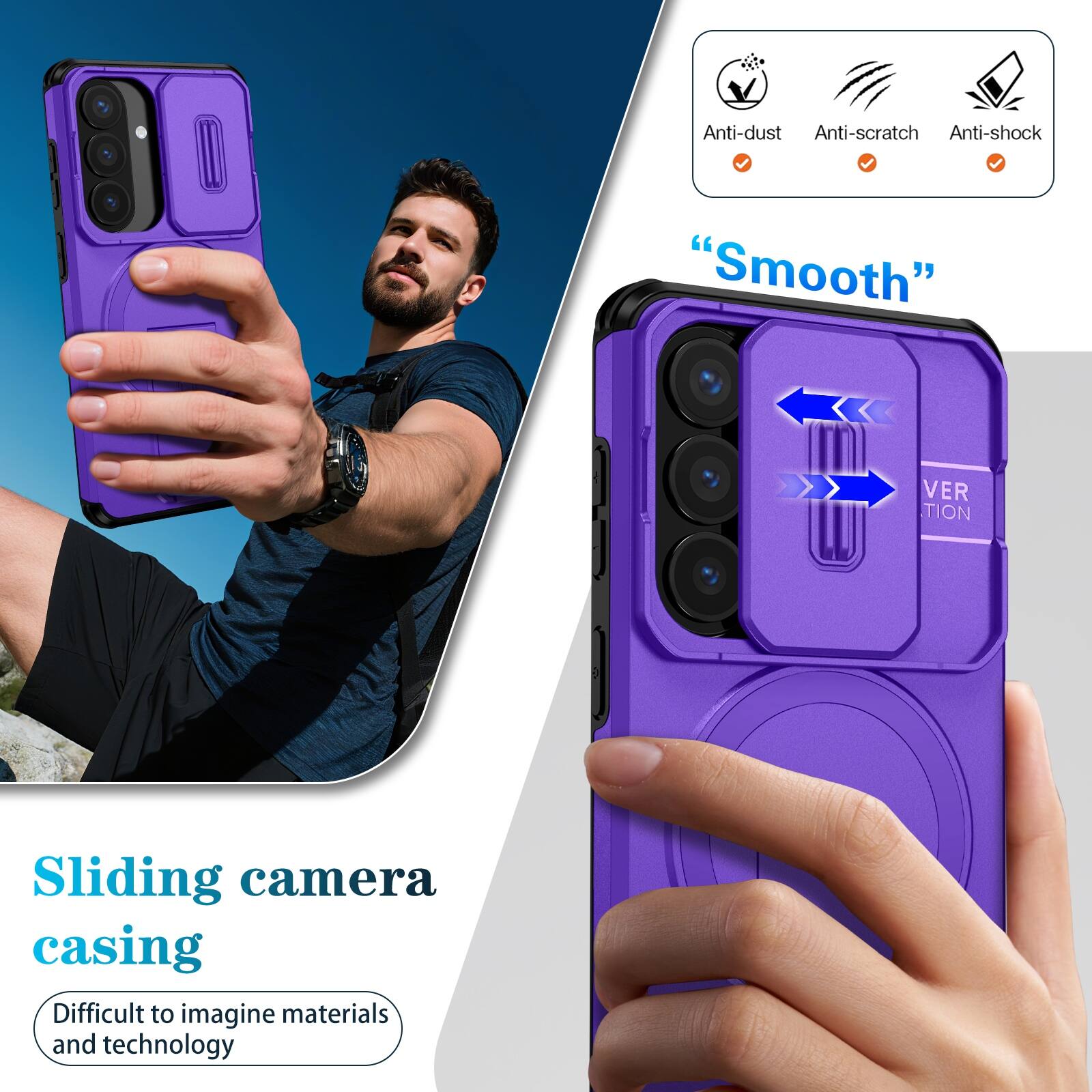 Anti-dust  
Anti-scratch  
Anti-shock  

"Smooth"  

Sliding camera casing  
Difficult to imagine materials and technology