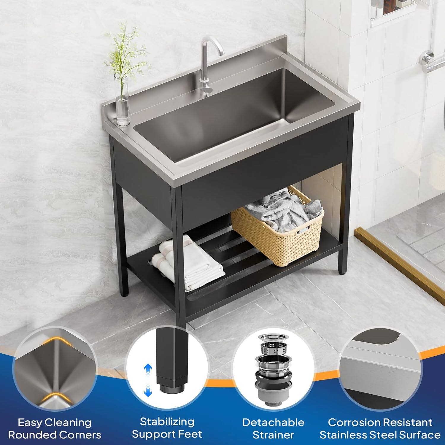 Easy Cleaning Rounded Corners  
Stabilizing Support Feet  
Detachable Strainer  
Corrosion Resistant Stainless Steel Surface