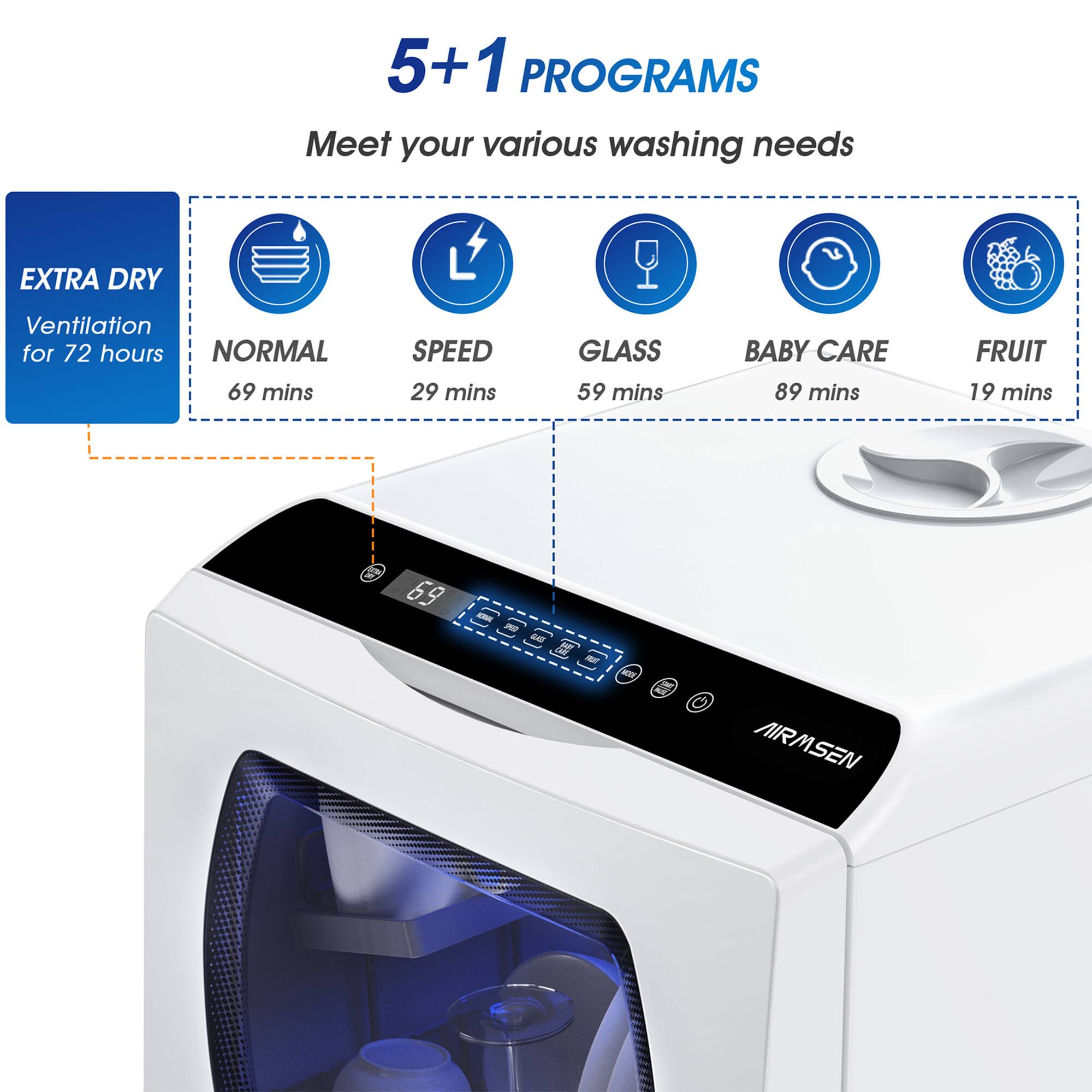 5+1 PROGRAMS  
Meet your various washing needs  

EXTRA DRY  
Ventilation for 72 hours  

NORMAL  
69 mins  

SPEED  
29 mins  

GLASS  
59 mins  

BABY CARE  
89 mins  

FRUIT  
19 mins  

AIRMSEN