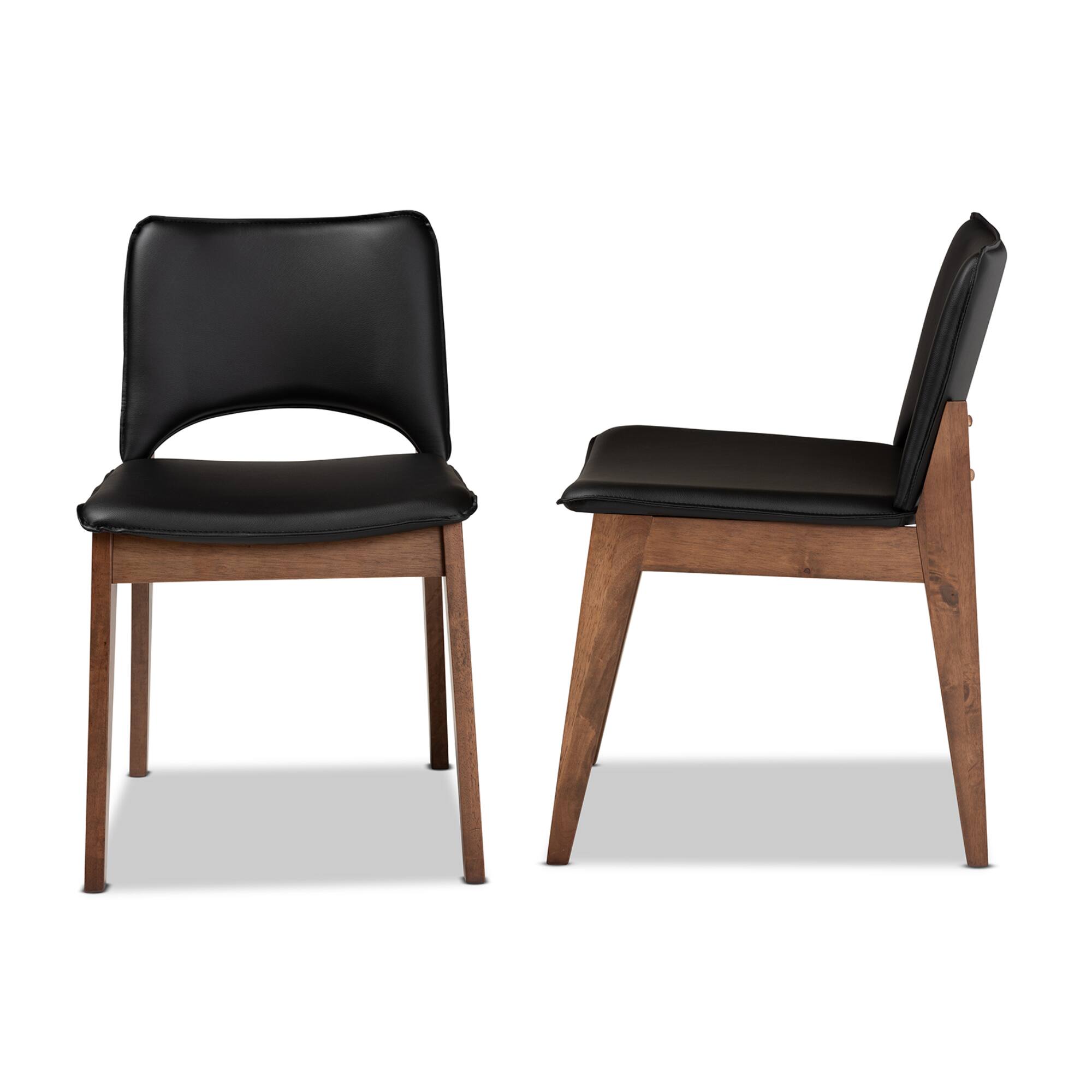 Left. Baxton Studio - Afton Mid Century Faux Leather Upholstered and Finished Wood 2-Piece Dining Chair Set - Black/Walnut Brown.
