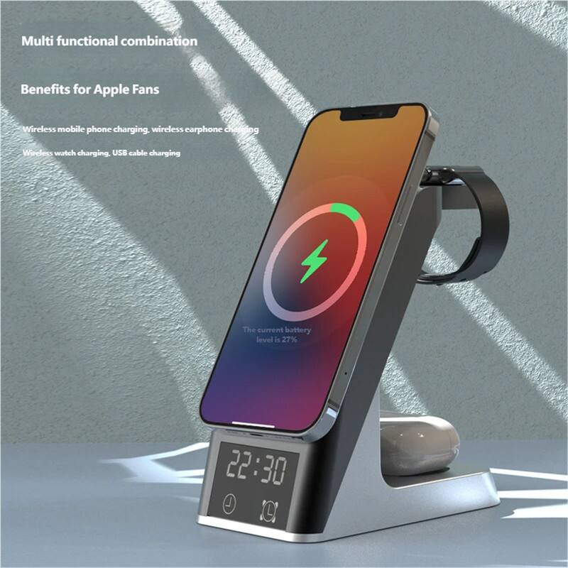 Multi functional combination  
Benefits for Apple Fans  
Wireless mobile phone charging, wireless earphone charging  
Wireless watch charging, USB cable charging  
The current battery level is 27%  
22:30