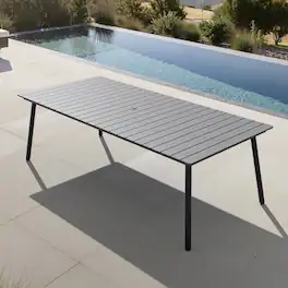 Crestlive Products - 95in Plastic Wood Top Aluminum Frame Rectangle Outdoor Dining Table with Umbrella Hole - Gray