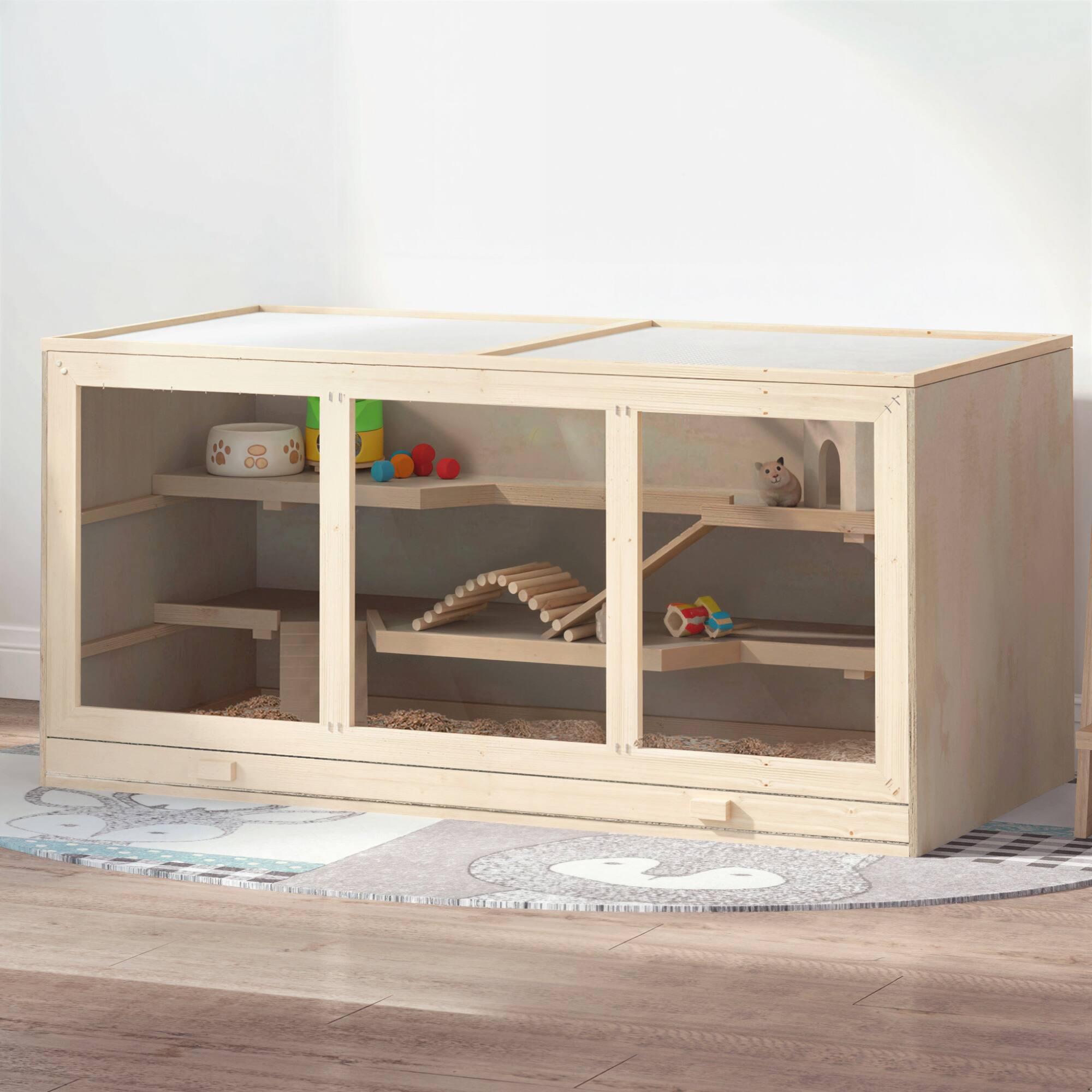 Alt View 1. Pawhut - 45" Extra Large Wooden Hamster Cage, 3-Layer Chewproof Rat Cage with Opening Roof, Hut, Ramps.