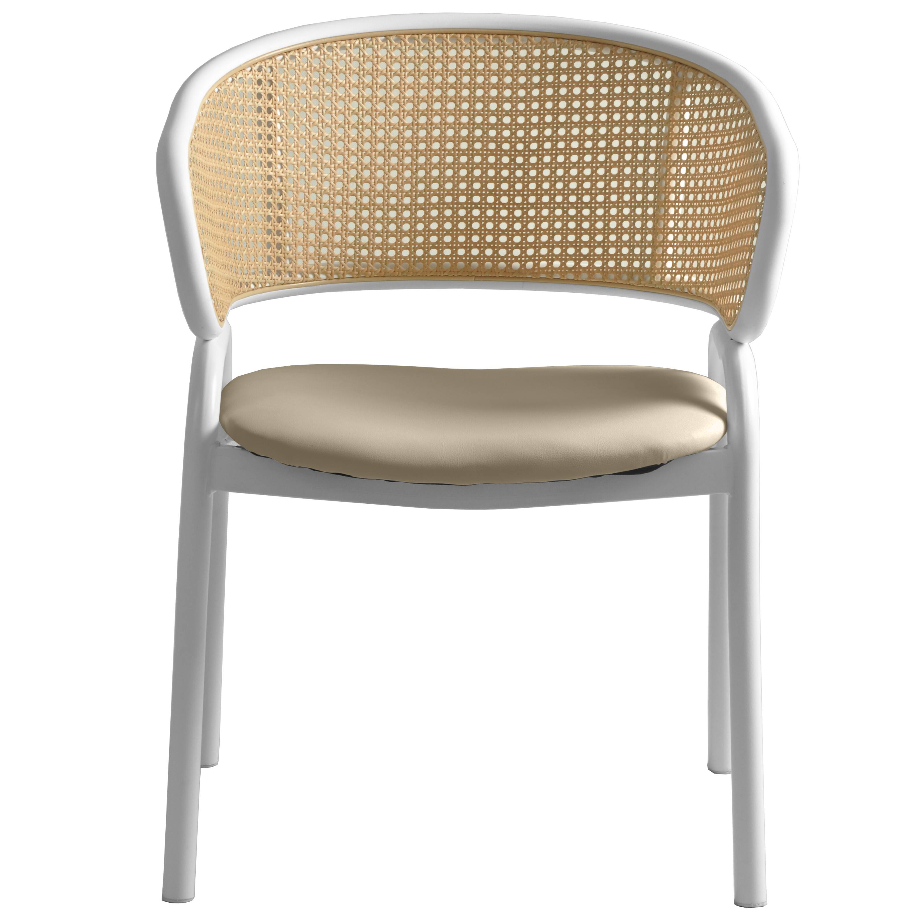 Alt View 3. LeisureMod - Ervilla Modern Rattan Dining Chair, Leather Upholstered Kitchen Side Accent Chair with White Metal Frame - Taupe.