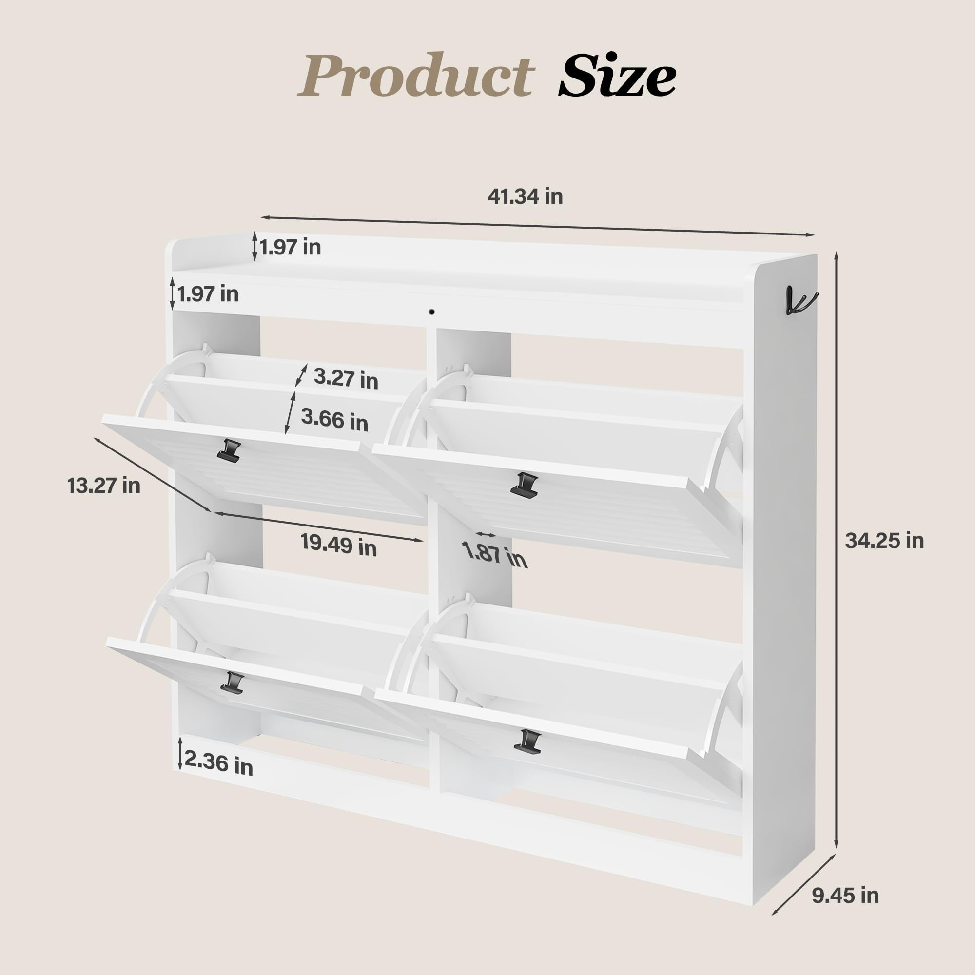 Product Size

- Length: 41.34 in
- Width: 13.27 in
- Height: 34.25 in
- Shelf Depth: 1.97 in
- Shelf Spacing: 2.36 in
- Shelf Height: 3.27 in
- Shelf Width: 19.49 in
- Overall Height: 36.66 in
- Bottom Shelf Height: 9.45 in