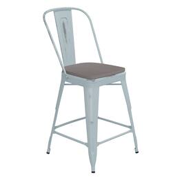 Emma + Oliver - Nova Distressed Metal Stools with Backs and Polystyrene Seats for Indoor/Outdoor Use - Gray Seat/Green-Blue Frame