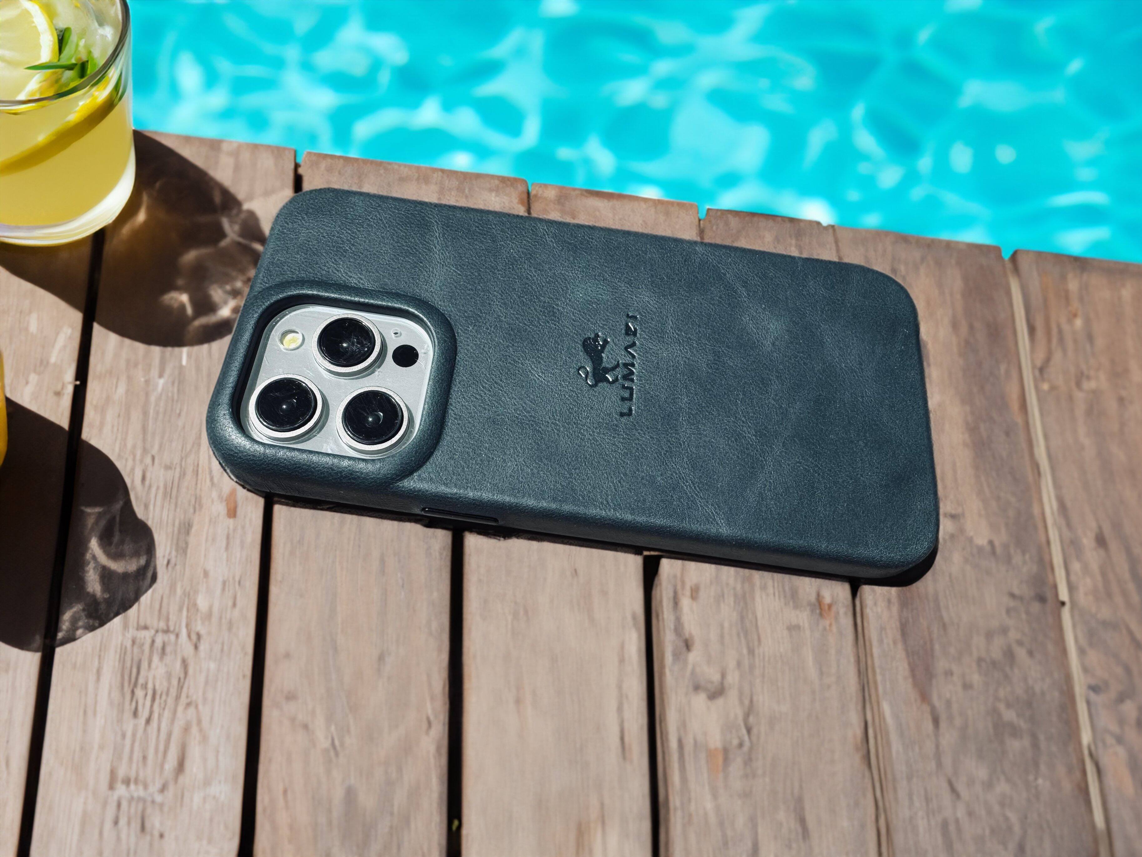 Back. LUMAZI - Handmade, Full Grain Leather, MagSafe iPhone 15 Pro Max Case - Mediterranean Sea.