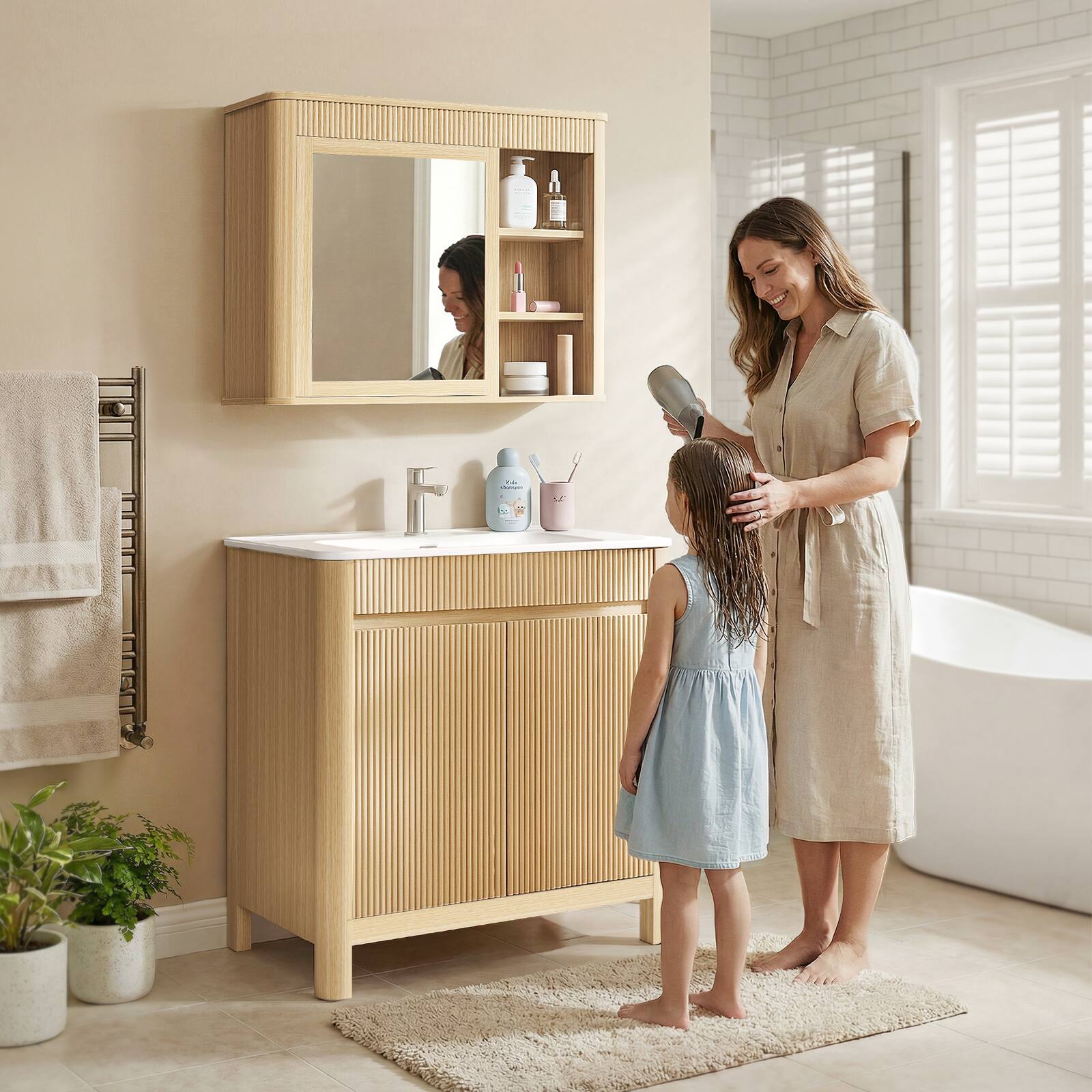 Alt View 2. ModernMate - 30" Single Bathroom Vanity Set with Mirror Cabinet, Soft Close Drawers - Natural Oak.
