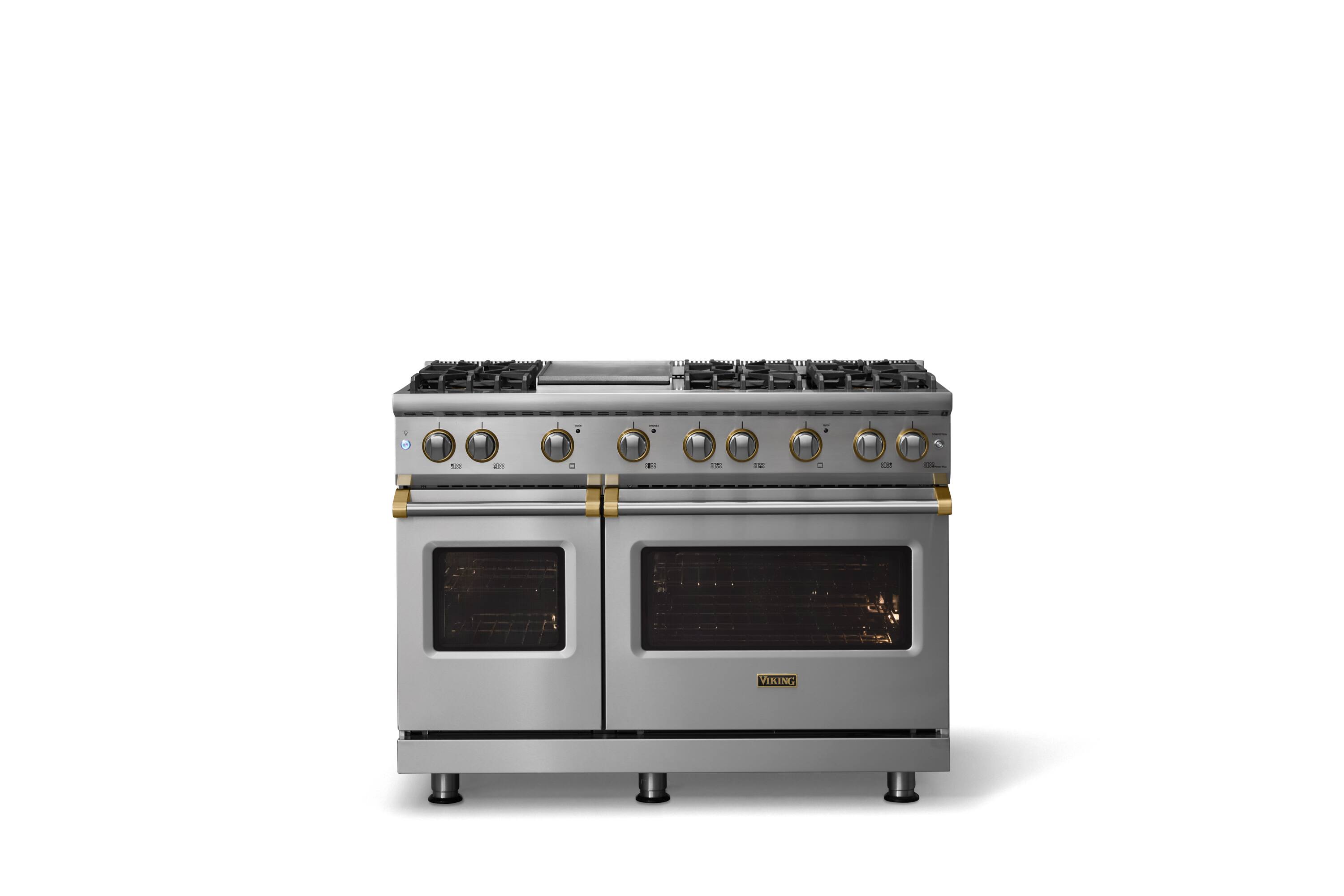 Alt View 1. Viking - 48"W. 6.1 Cu.Ft. Freestanding Manual Clean Sealed 8B Gas Convection Range/Grdl/Double Oven-Stainless Steel/Brushed Brass - Stainless Steel.