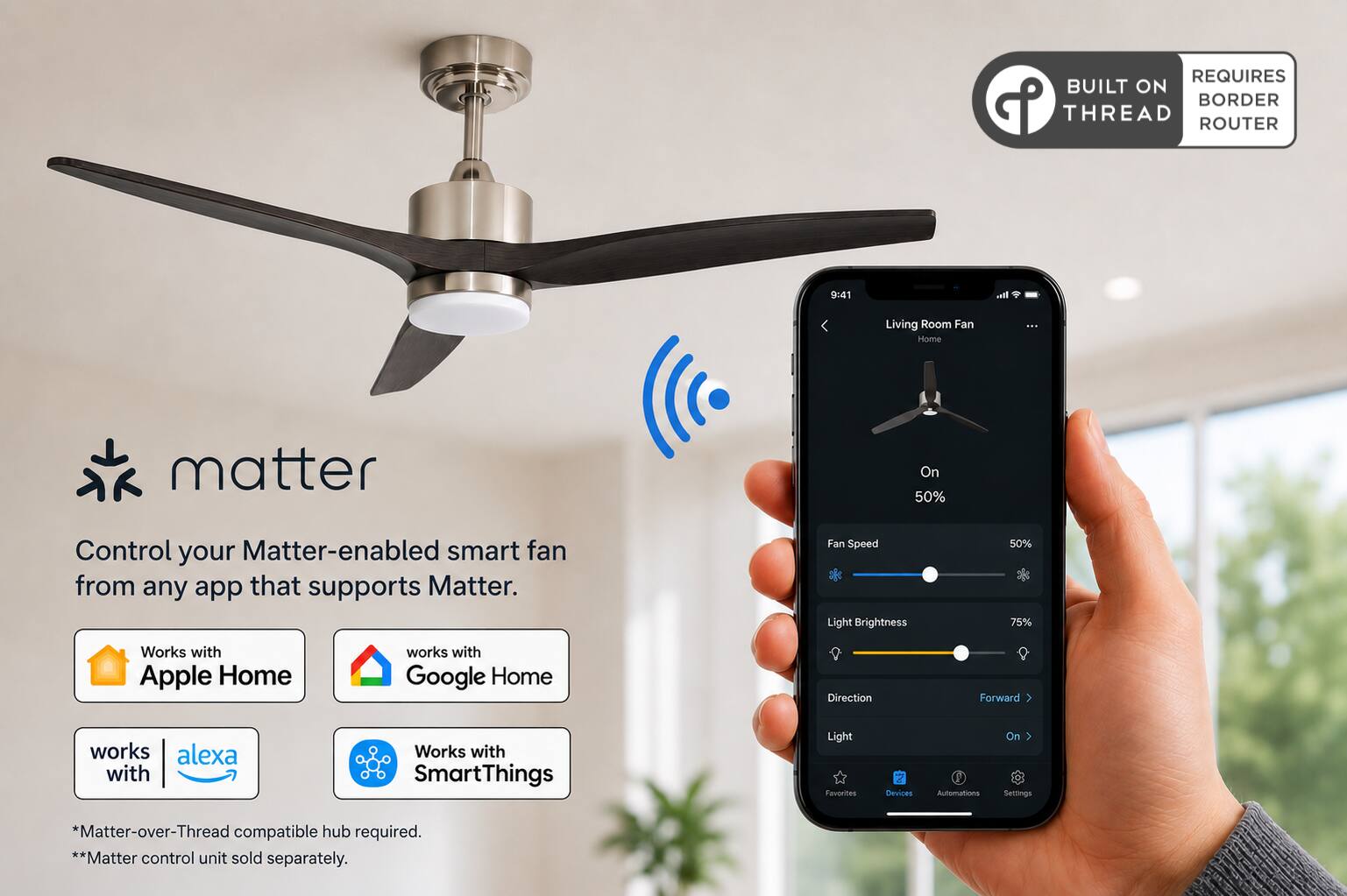 REQUIRES BUILT ON BORDER THREAD ROUTER

9:41 
Living Room Fan Home

matter
Control your Matter-enabled smart fan from any app that supports Matter.
Fan Speed Light Brightness
50% 75%
Works with Apple Home
works with Google Home
Direction
Forward
works with alexa
Works with SmartThings
Light Favorites
Devices
Automations
On Settings

*Matter-over-Thread compatible hub required. **Matter control unit sold separately.