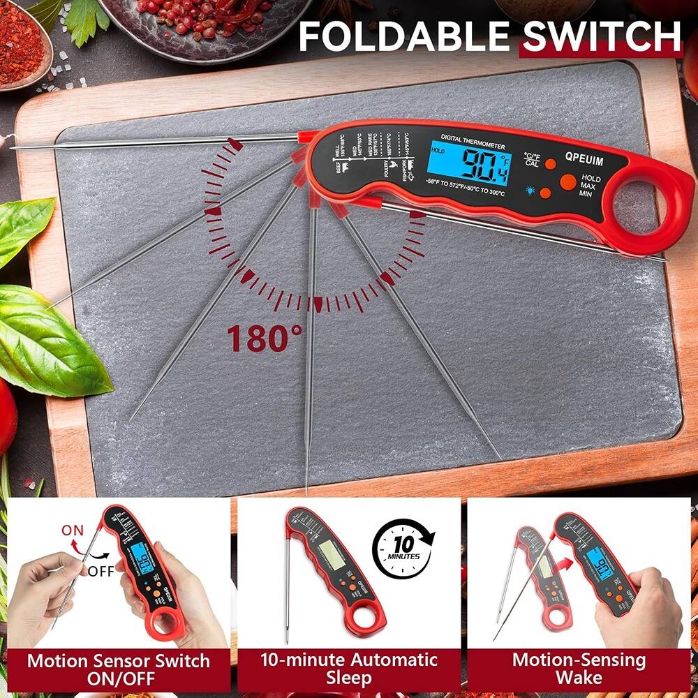 FOLDABLE SWITCH

DIGITAL THERMOMETER
QPEUIM
HOLD MIN
-58°F TO 672°F / -50°C TO 300°C

Motion Sensor Switch ON/OFF
10-minute Automatic Sleep
Motion-Sensing Wake

ON
OFF

10 MINUTES