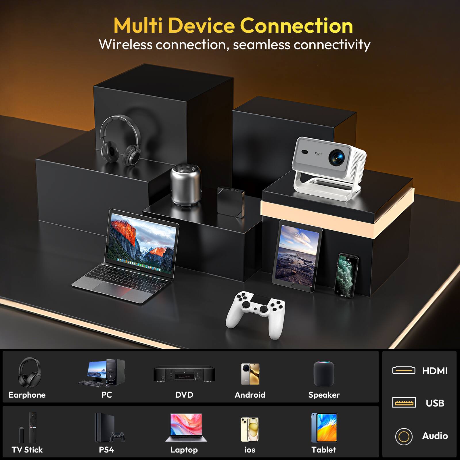 Multi Device Connection  
Wireless connection, seamless connectivity  

- Earphone  
- PC  
- DVD  
- Android  
- Speaker  
- TV Stick  
- PS4  
- Laptop  
- iOS  
- Tablet  

- HDMI  
- USB  
- Audio