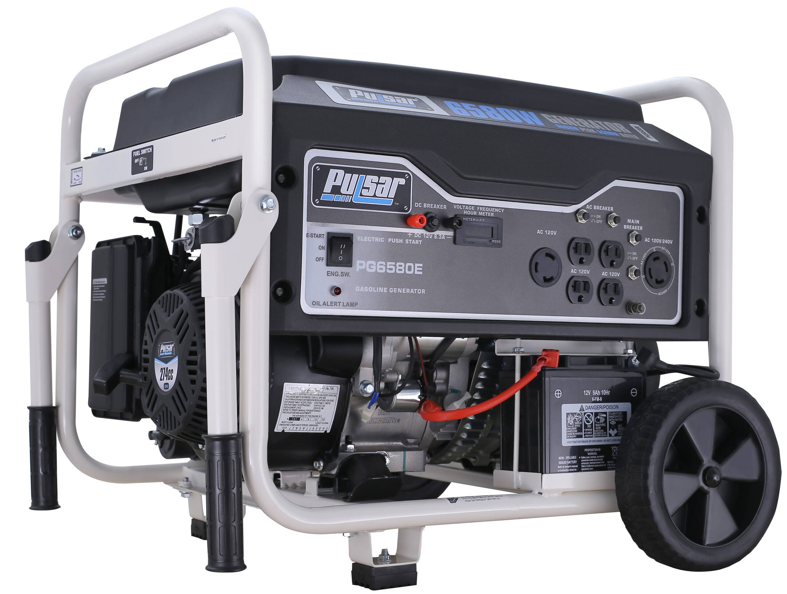 Pulsar PG6580E  
6500W  
DC BREAKER  
VOLTAGE FREQUENCY  
AC BREAKER  
MAIN BREAKER  
AC 120V  
AC 120V/240V  
E-START  
ELECTRIC PUSH START  
ENG. SW  
GASOLINE GENERATOR  
OIL ALERT LAMP  
12V 9Ah 10hr  
DANGER POISON  
FUEL SWITCH  
OFF ON  
274CC