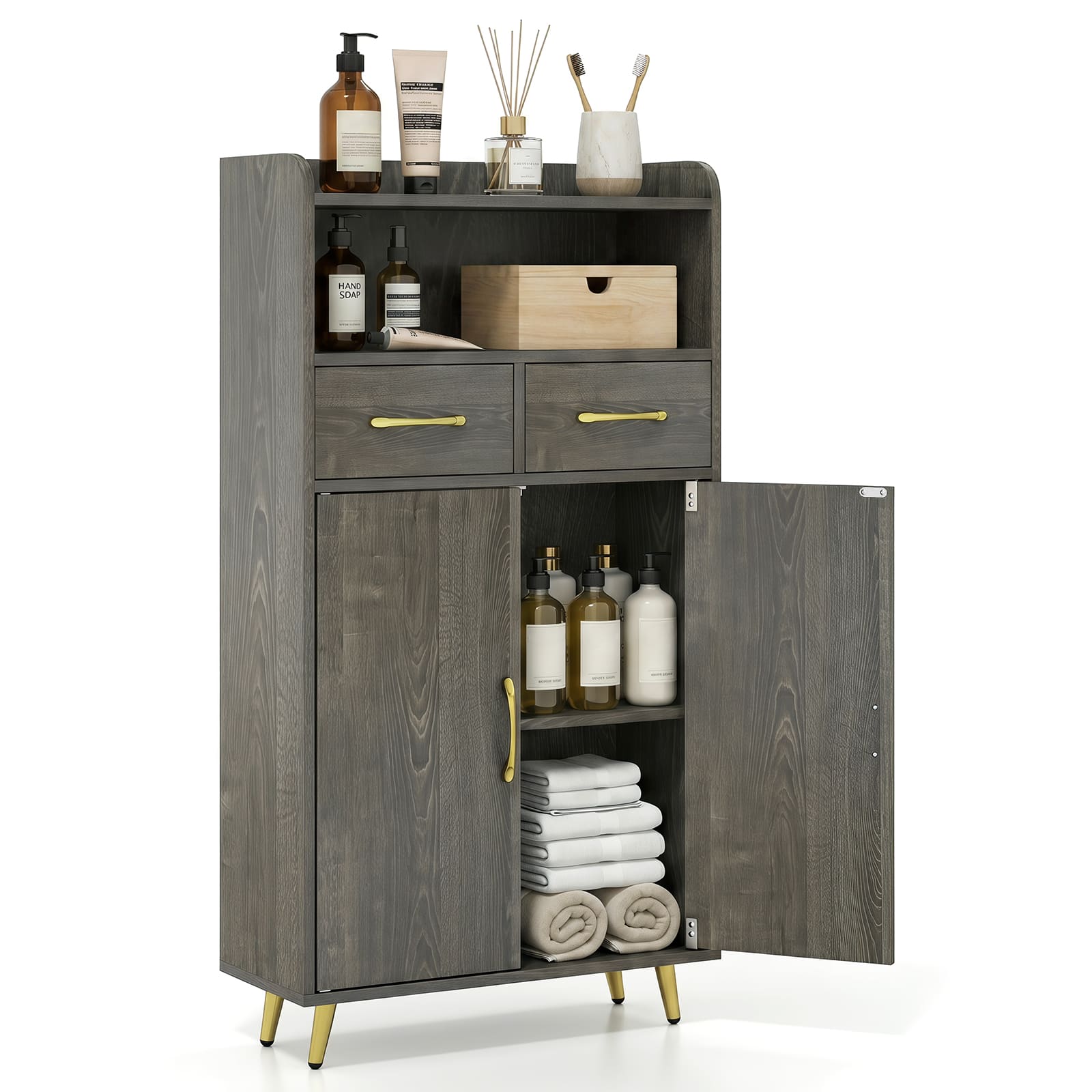 Costway - Bathroom Storage Cabinet with 2 Drawers and 2 Doors, Adjustable Shelf & Metal Legs - Gray Oak