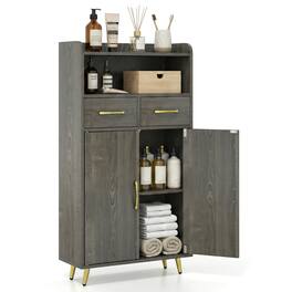 Costway - Bathroom Storage Cabinet with 2 Drawers and 2 Doors, Adjustable Shelf & Metal Legs - Gray Oak