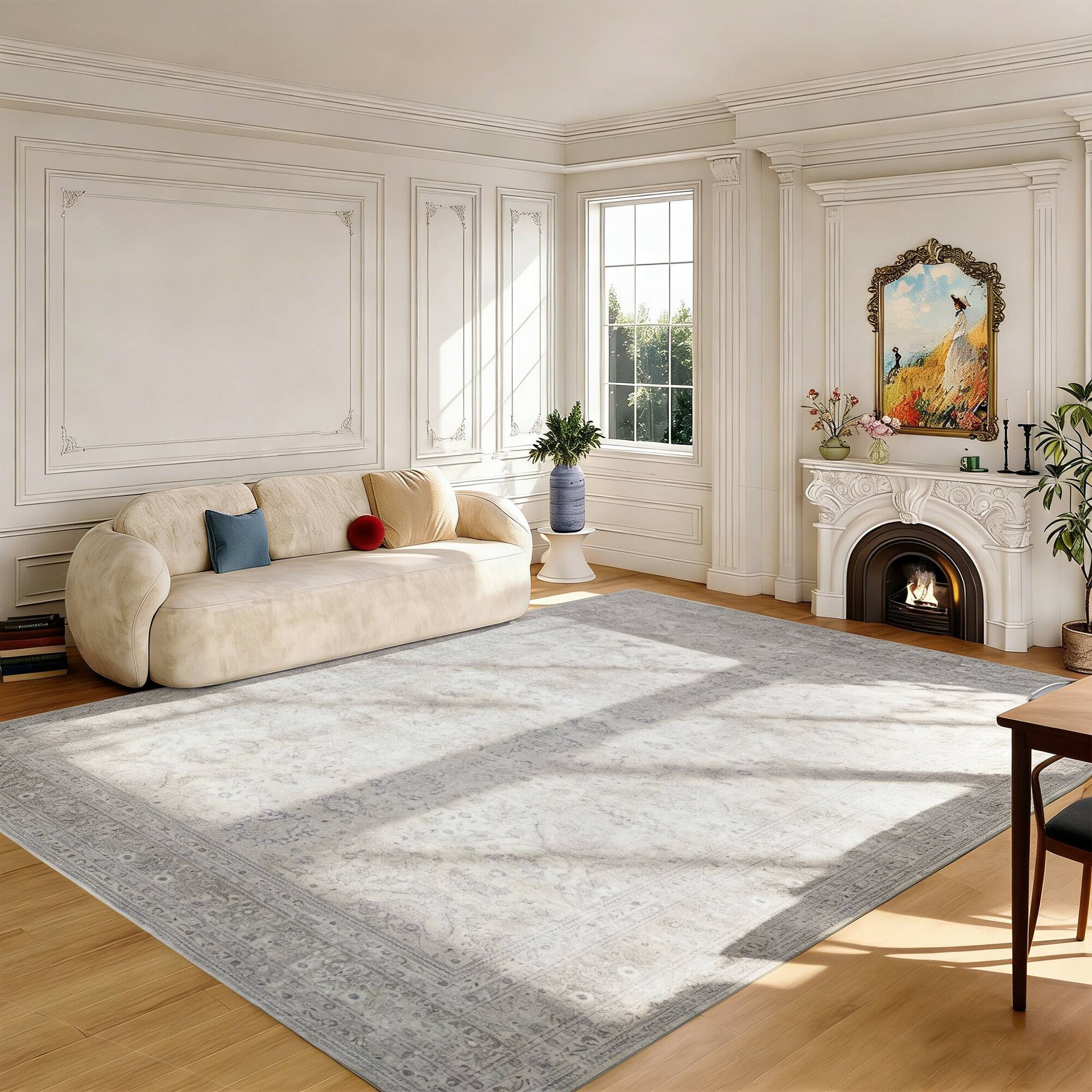 Angle. RYHNUYNE - 9x12 Gray Washable Area Rug, Modern Traditional Stain Resistant Distressed Carpet, Soft Thin Rug for Dining Room Office - gray.