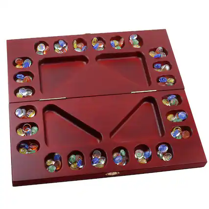 Front. GSE Games & Sports Expert - 4-Player Mancala Board Game with Multi-Color Glass Stones, Folding Wooden 4-Way Mancala - Mahogany.