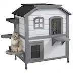 Front. Pawhut - 2-story Cat House Outdoor, Weatherproof Wooden, for Feral Cats, Escape Door, Openable Roof, Jumping Platforms.