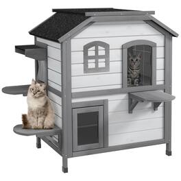 Pawhut - 2-story Cat House Outdoor, Weatherproof Wooden, for Feral Cats, Escape Door, Openable Roof, Jumping Platforms