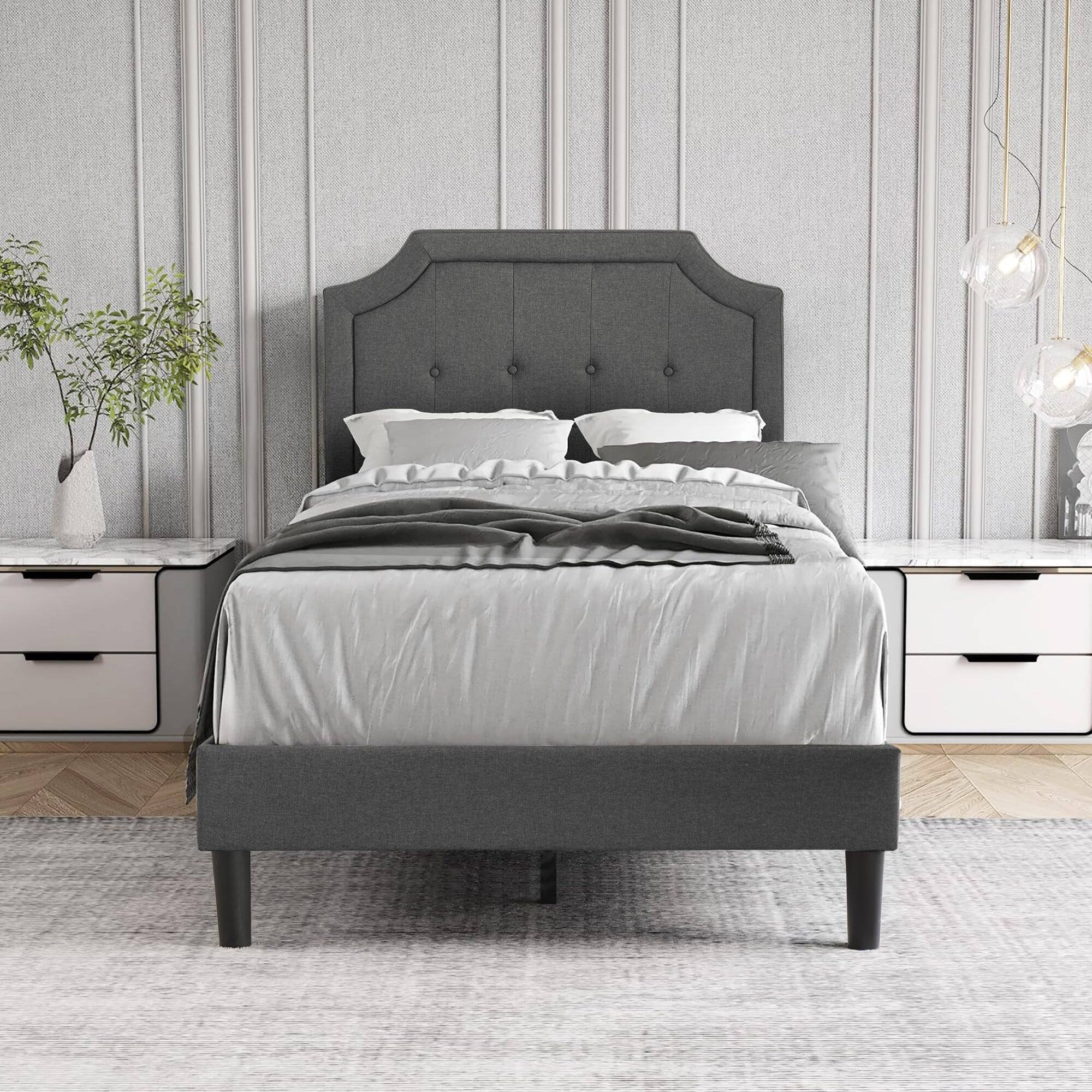 Back. Vecelo - Linen Upholstered Twin Size Bed Frame with Adjustable Headboard - Noise Free Platform Bed, 8" Under Bed Storage - Dark Grey.