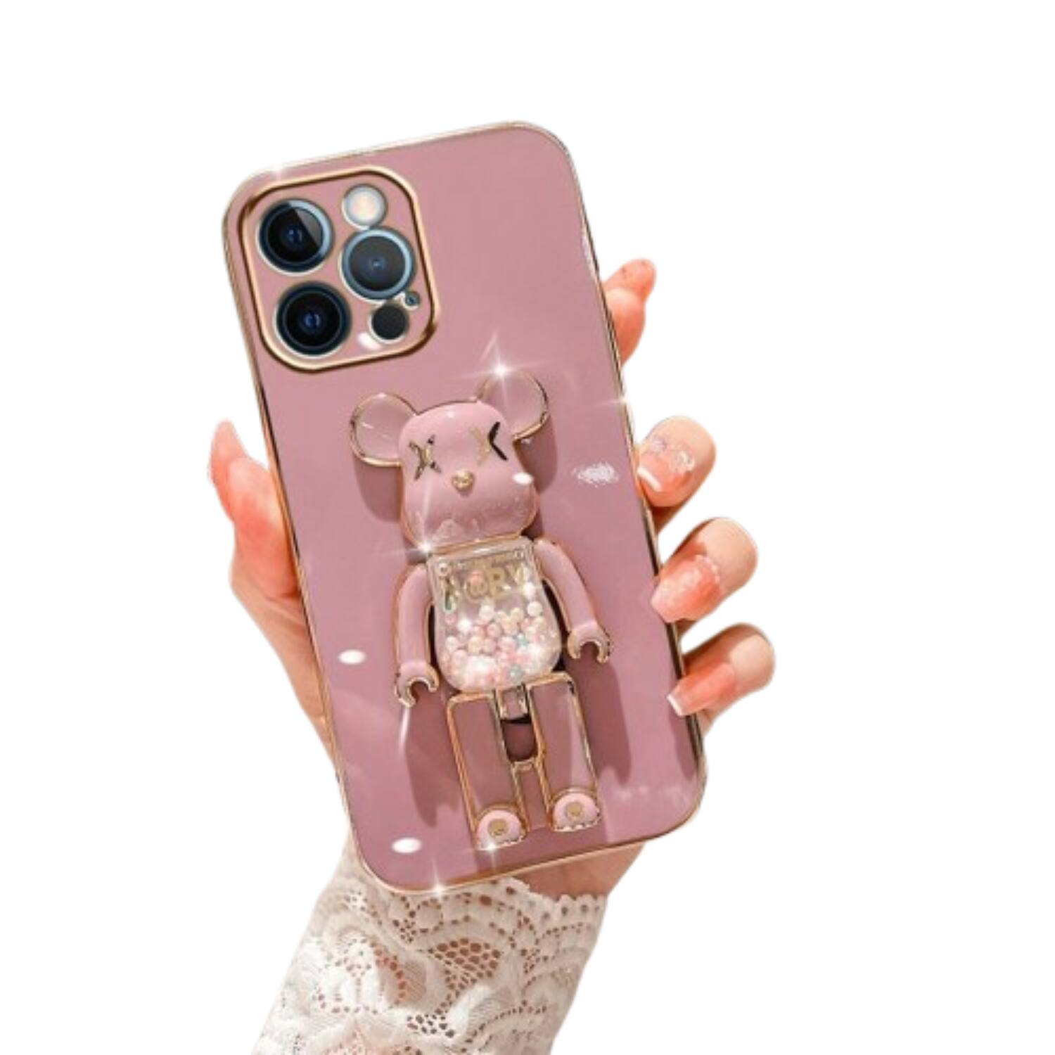 Front. Stock Preferred - iPhone 14 Cute Candy Bear Stand Shockproof Case – TPU Protective Cover - Purple.