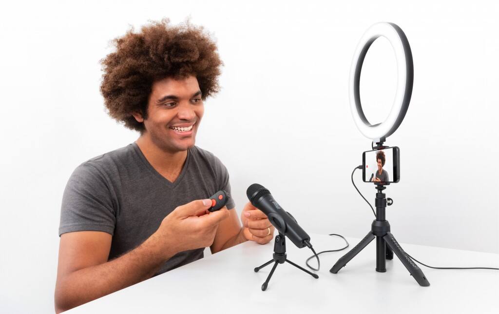 Alt View 2. IK Multimedia - iRig Video Creator Series and Streaming Kit with Microphone, Stand and LED Ring Light for Smartphone Content Creation.