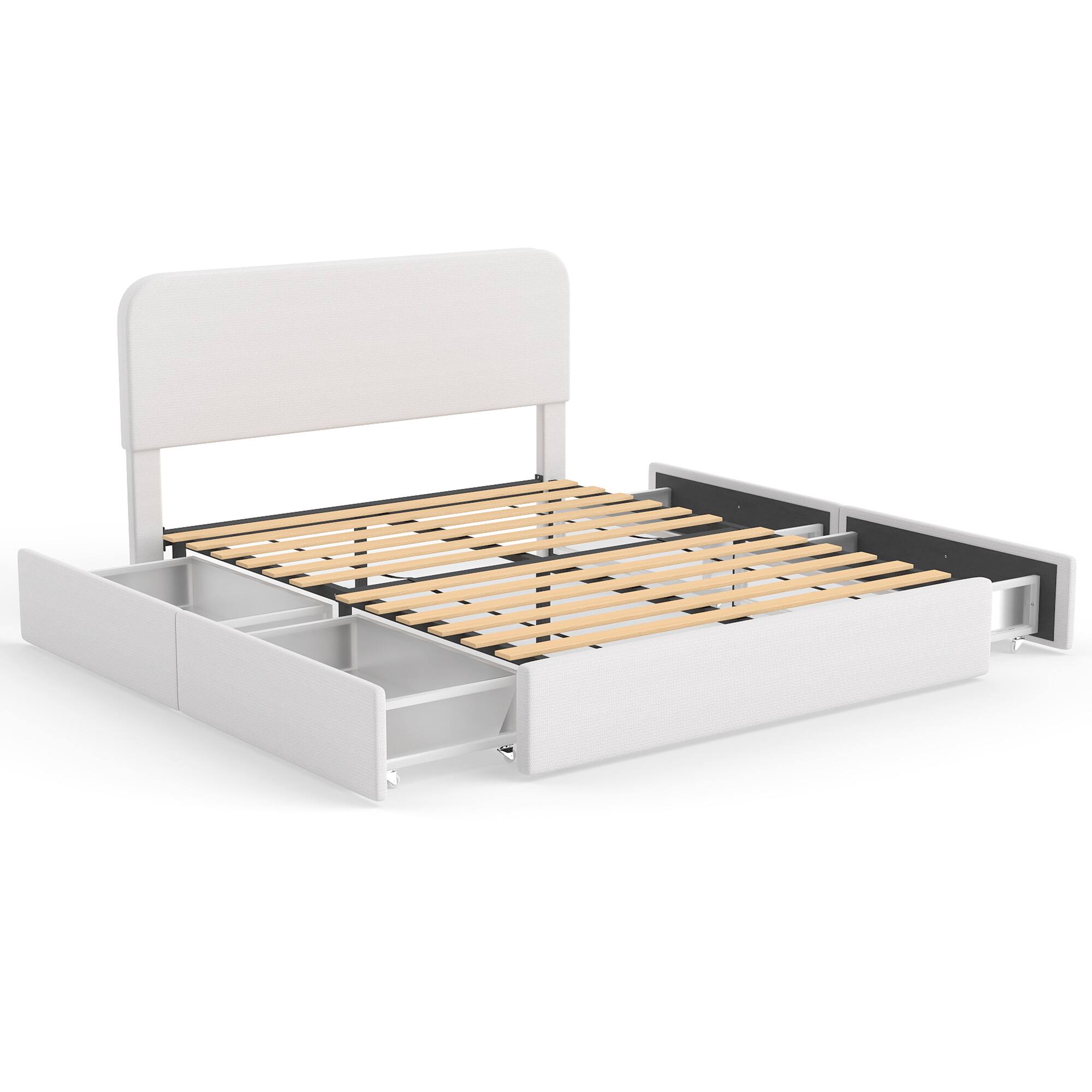 Alt View 1. Brick Attic - Heavy Duty Wide Platform Bed Frame with Storage Drawers,Solid Wood Slat Support,Padded Headboard,RecessedAntiSlip Design - White.