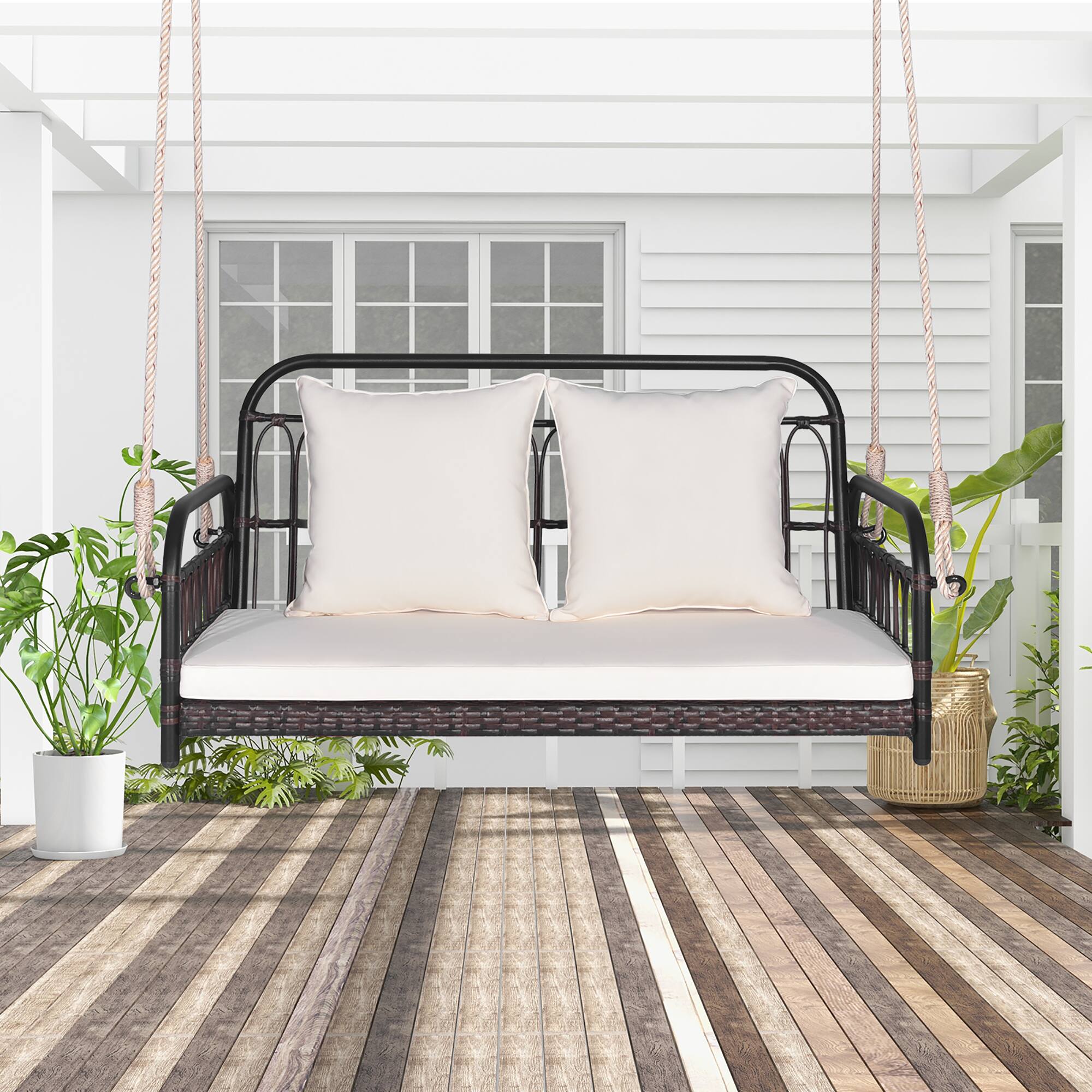 Alt View 3. Gymax - Gymax Wicker Porch Swing 2-Person Outdoor Patio Hanging Chair w/ Cushions Mix Brown - Mix Brown, White.